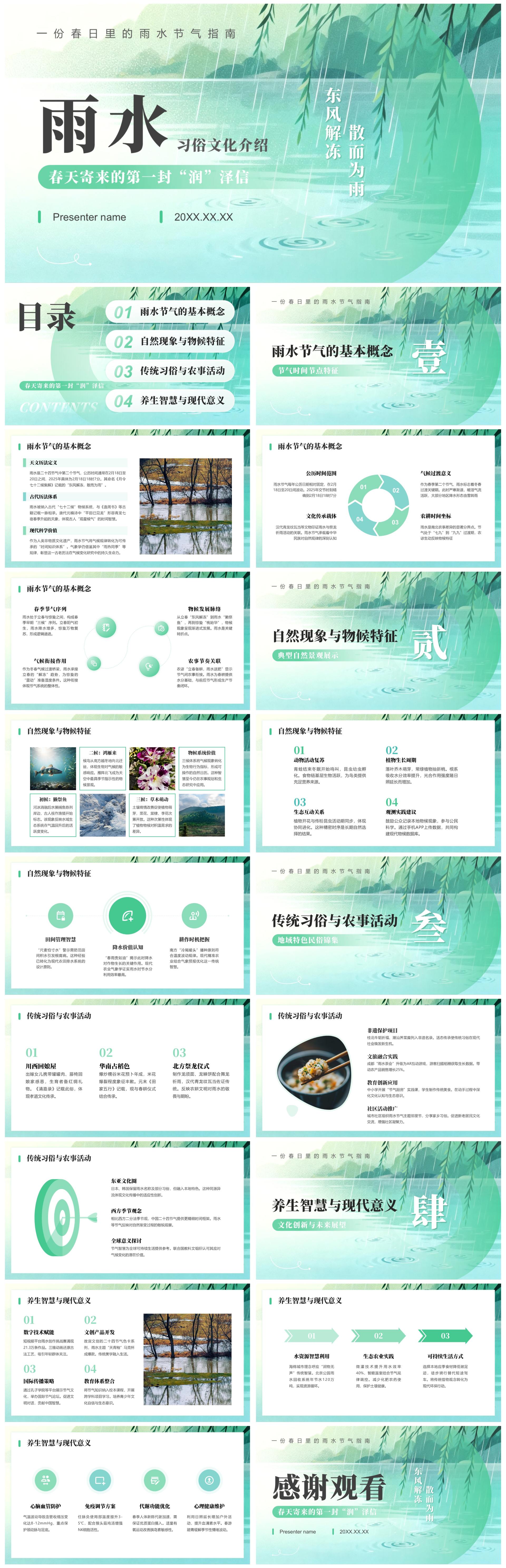 绿色小清新风雨水节气习俗文化介绍PPT模板
