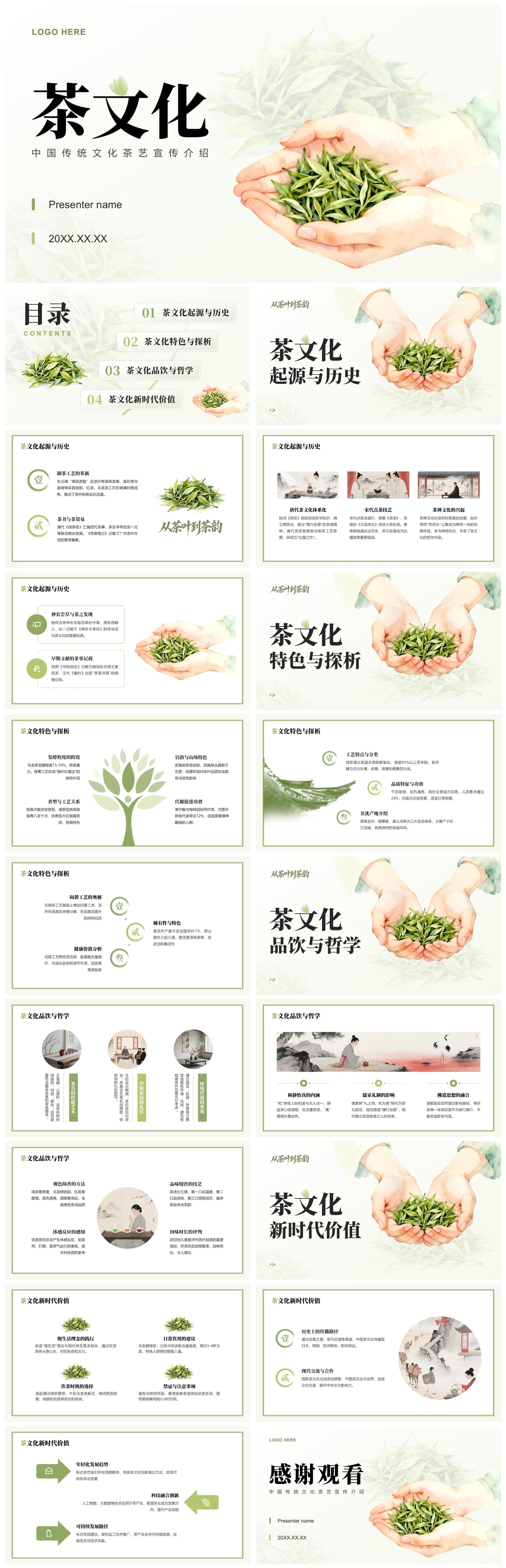 绿色小清新风中国传统文化茶艺知识普及教育PPT模板