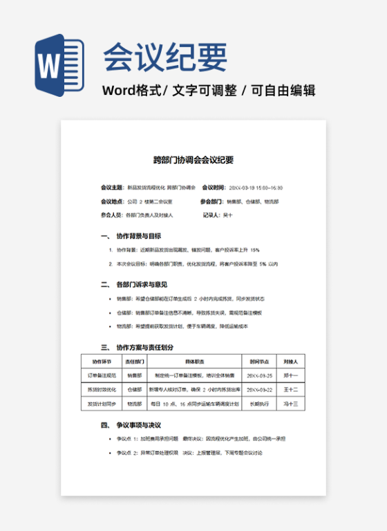 跨部门协调会会议纪要
