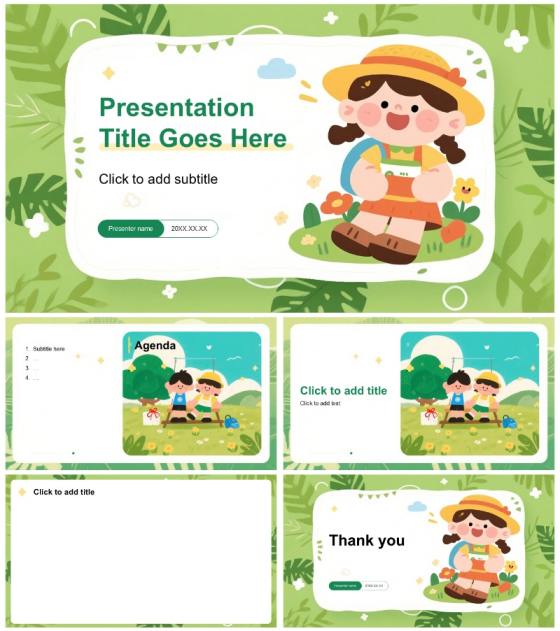 绿色可爱卡通手绘插画风小学生我的暑假生活主题模板