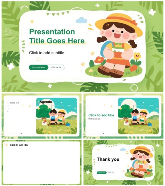 绿色可爱卡通手绘插画风小学生我的暑假生活主题模板