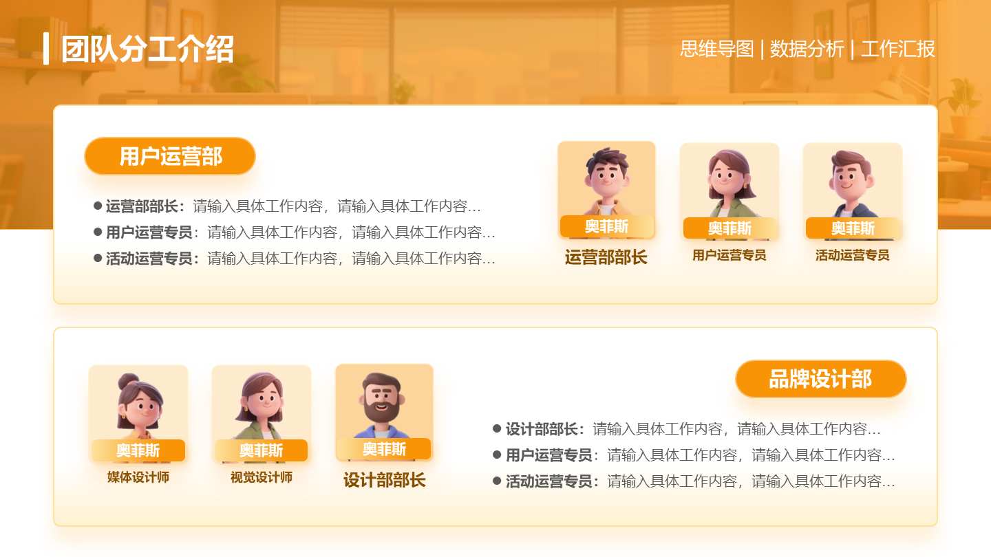 团队分工-橙色简约风项目汇报关系页PPT单页