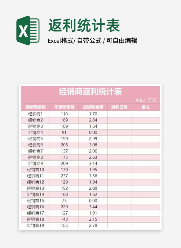 简约粉色经销商返利统计表Excel模板