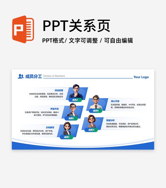 成员分工-蓝绿色商务风5项列式成员分工PPT单页
