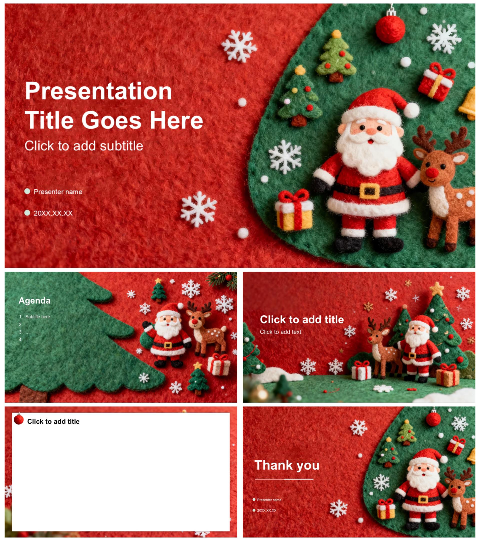 红色可爱创意毛毡风圣诞平安夜主题晚会PPT主题模板