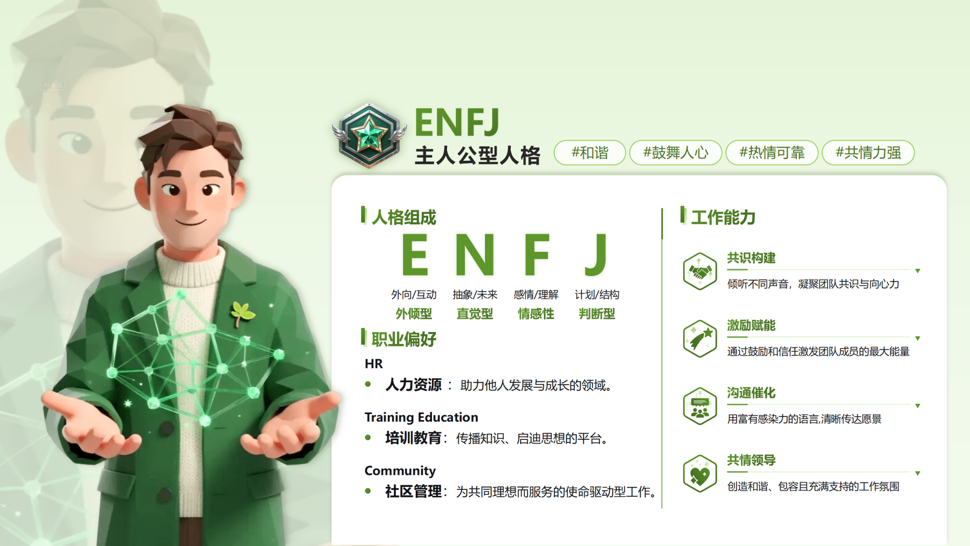 绿色简约创意MBTI自我介绍述职汇报PPT单页