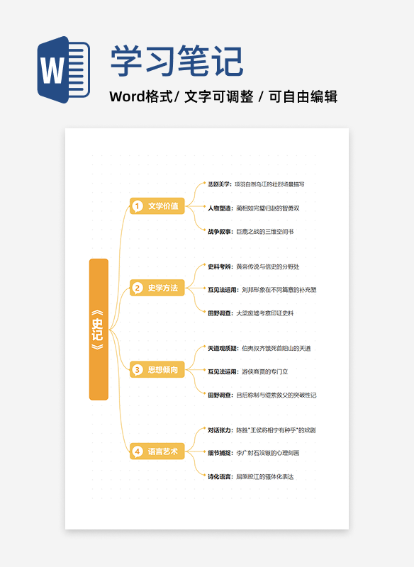 学习笔记-《史记》橙色简约竖版word模板