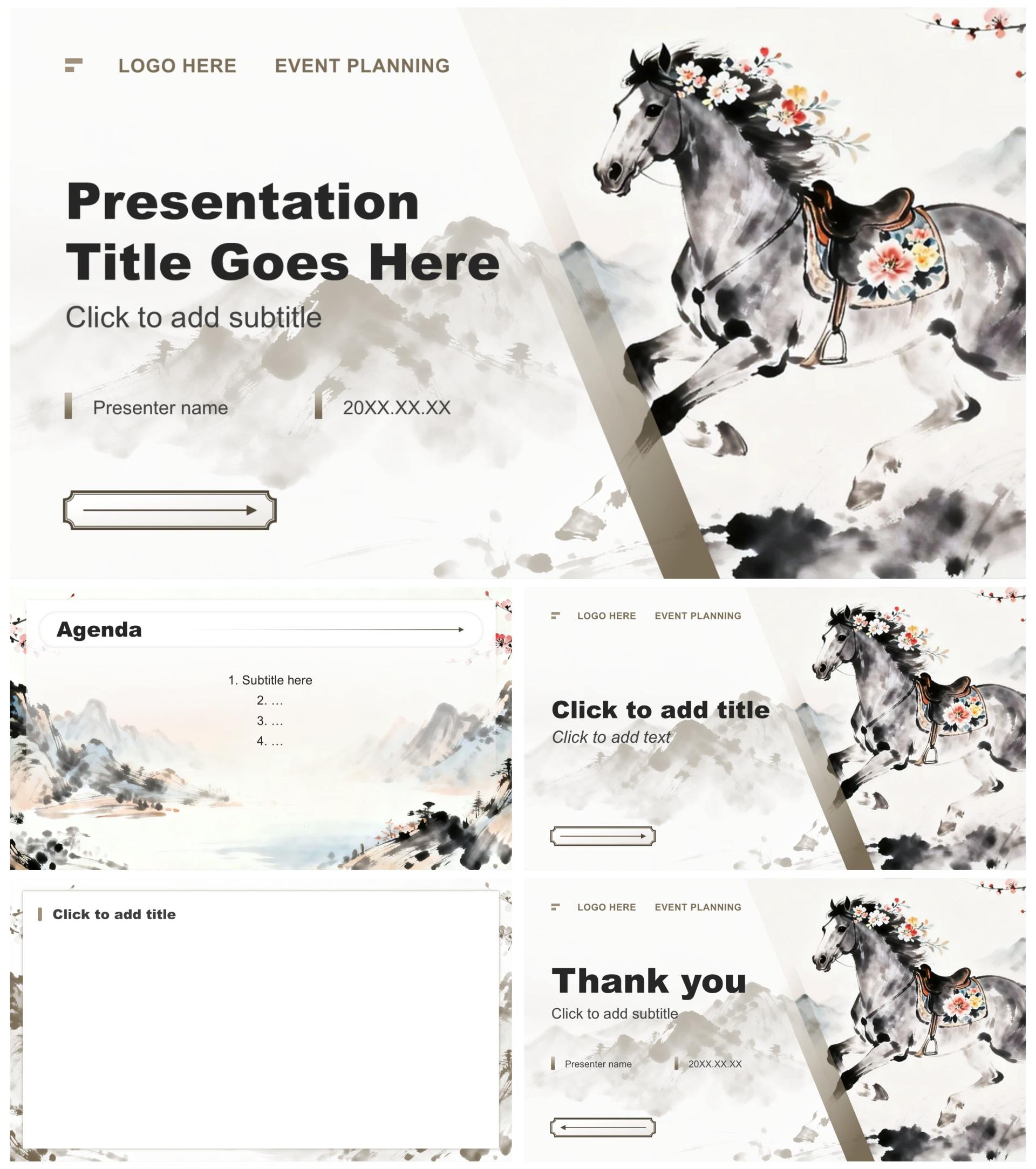 灰绿色中国风马年春节活动策划PPT主题模板