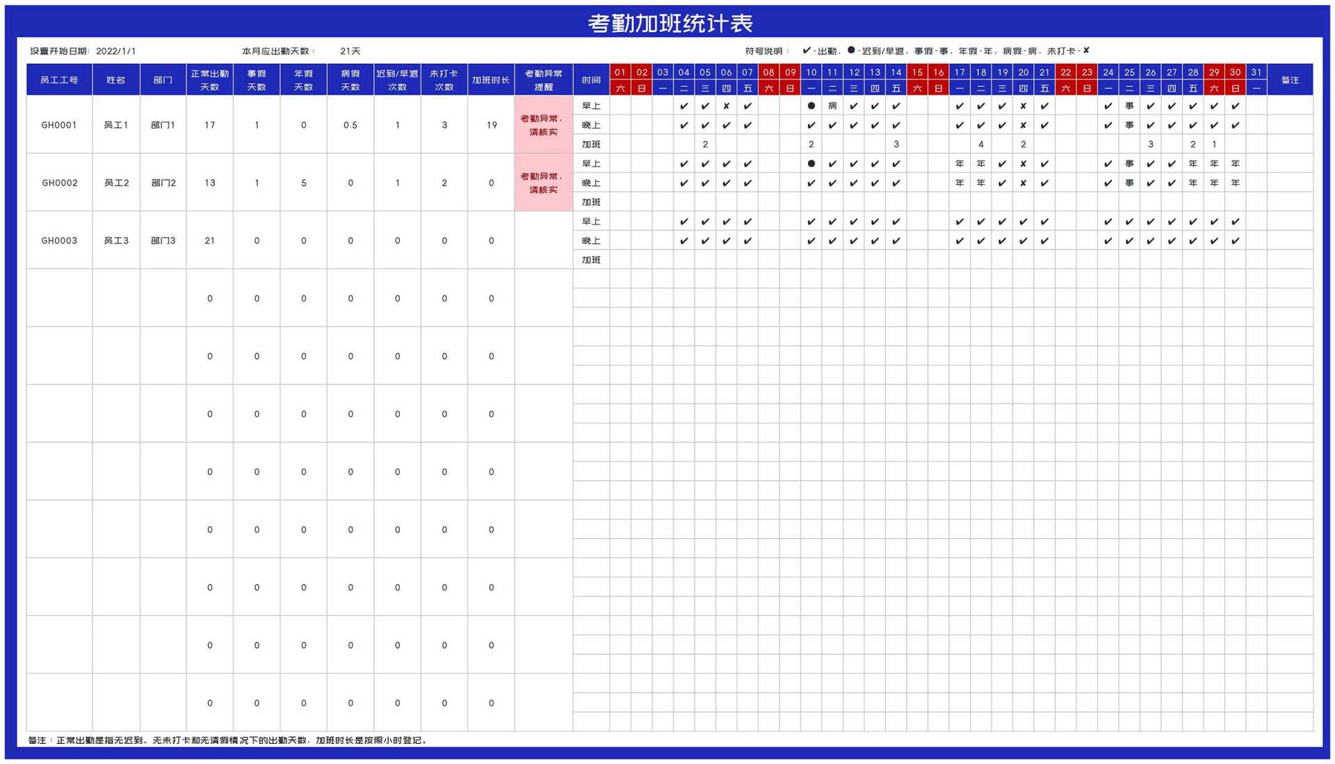 月度部门考勤加班统计表Excel模板