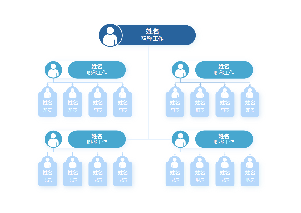 组织架构-蓝色简约通用向下分类箭头word模板