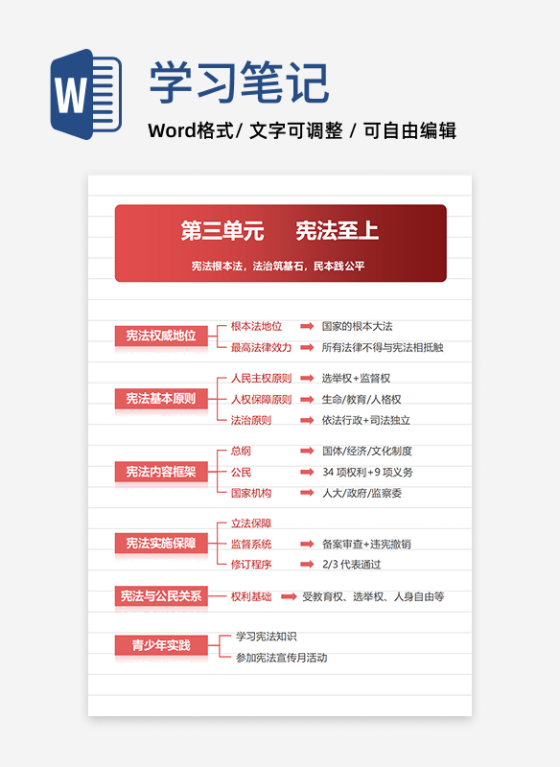学习笔记-初中政治红色简约竖版word文档