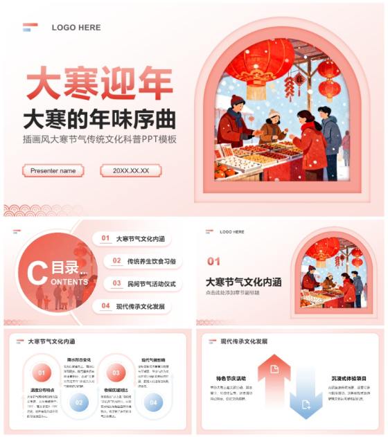 红色插画风大寒节气传统文化科普PPT模板