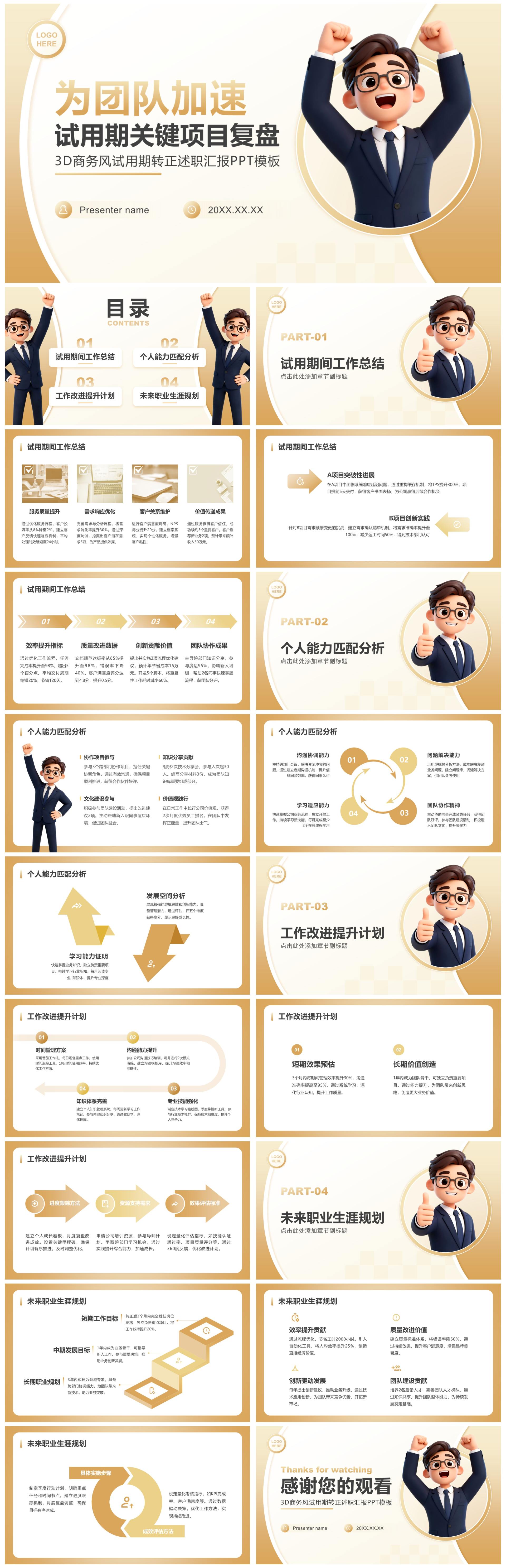 金色3D商务风试用期转正述职工作汇报PPT模板