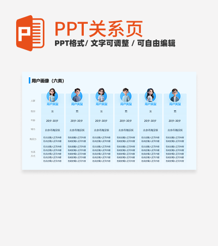 蓝色简约风互联网用户画像六类关系页PPT模板