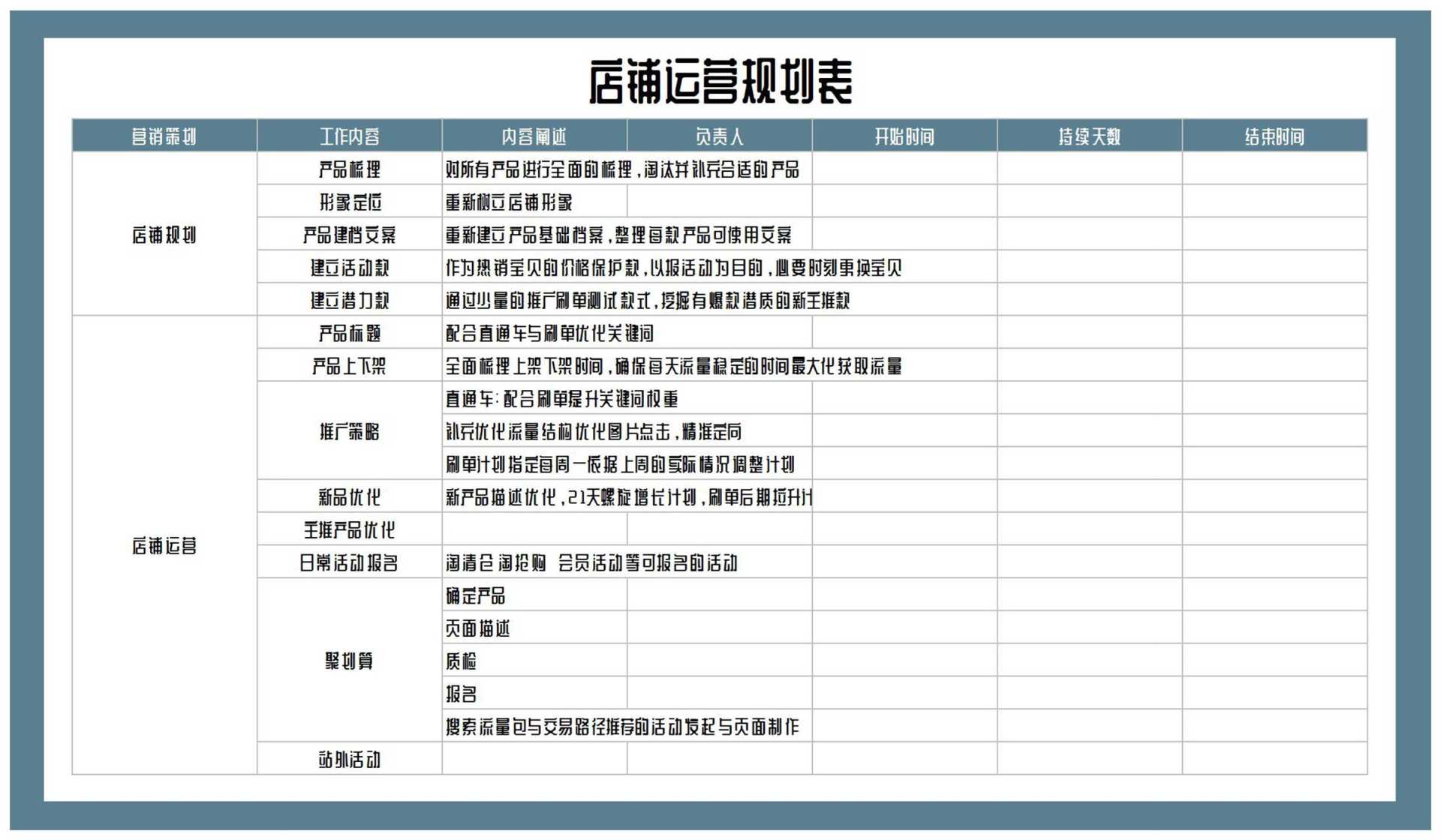 店铺运营规划表Excel模板