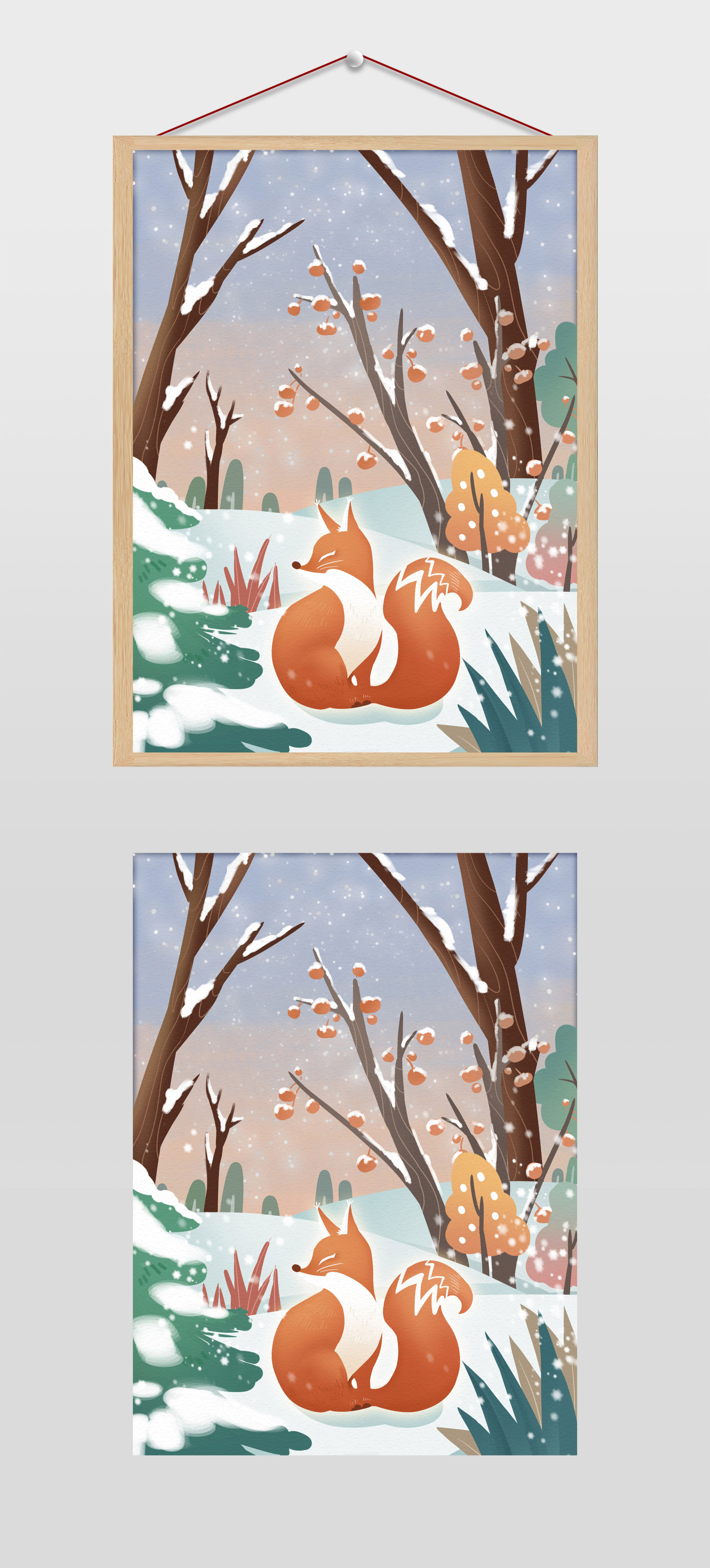 雪地里的狐狸插画