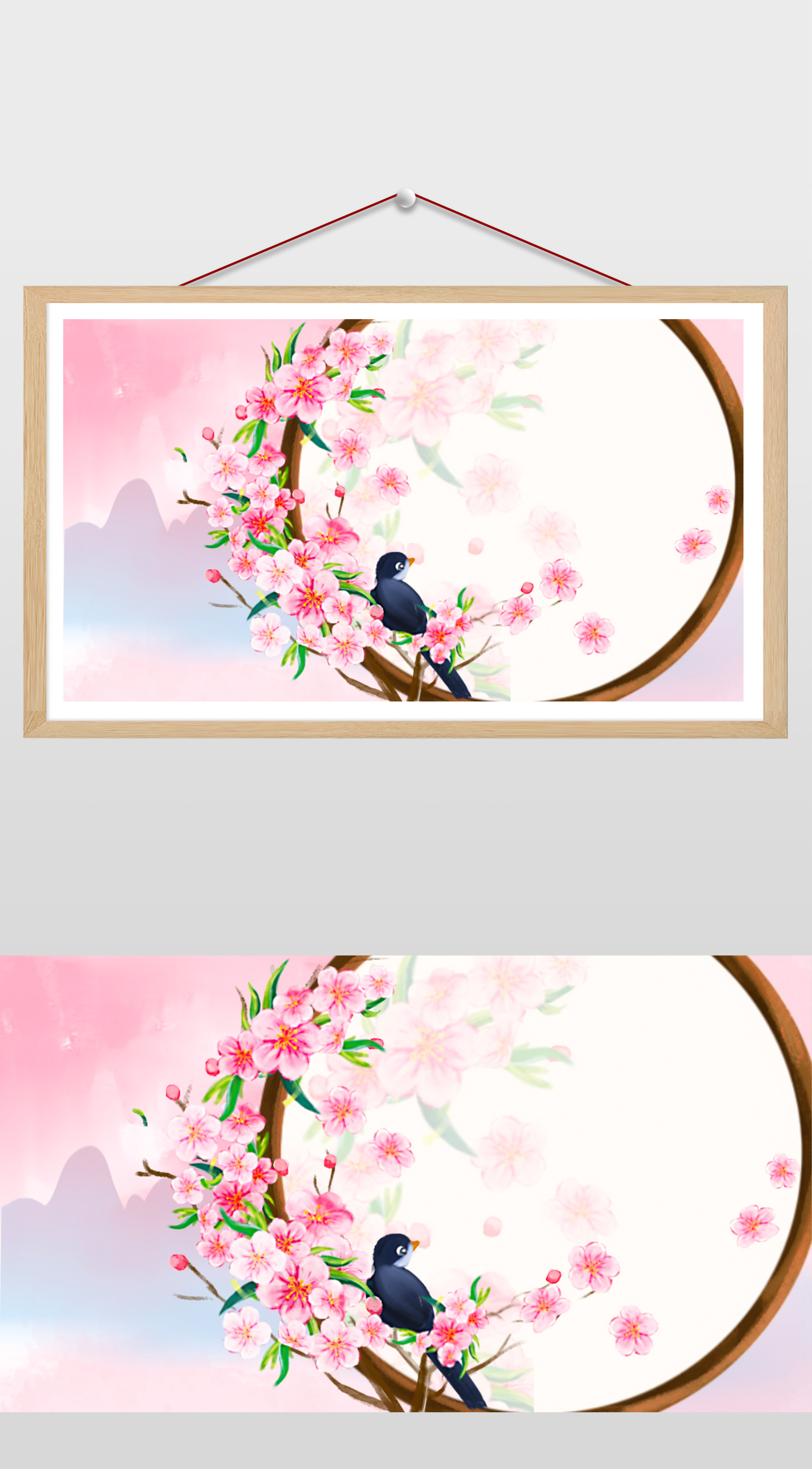 16比9_小清新ppt樱花小鸟圆窗背景