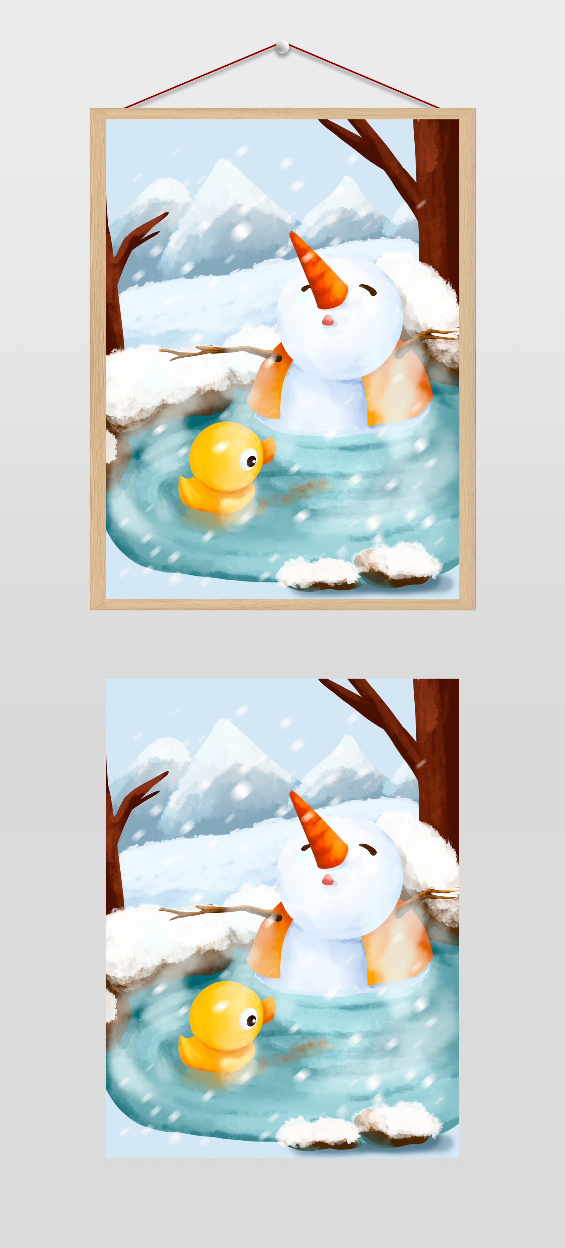 泡温泉的雪人插画