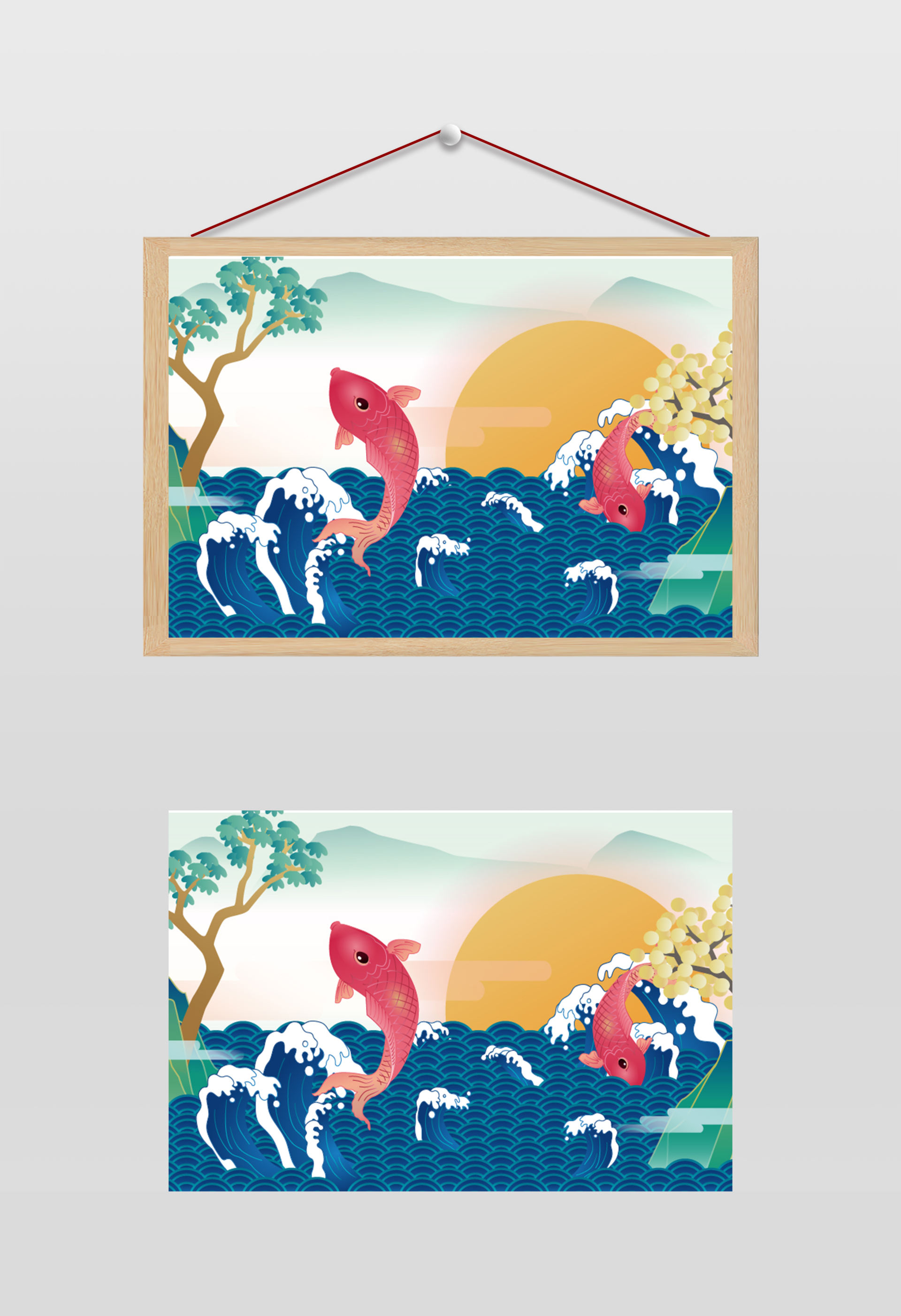 中国风鲤鱼跃龙门插画