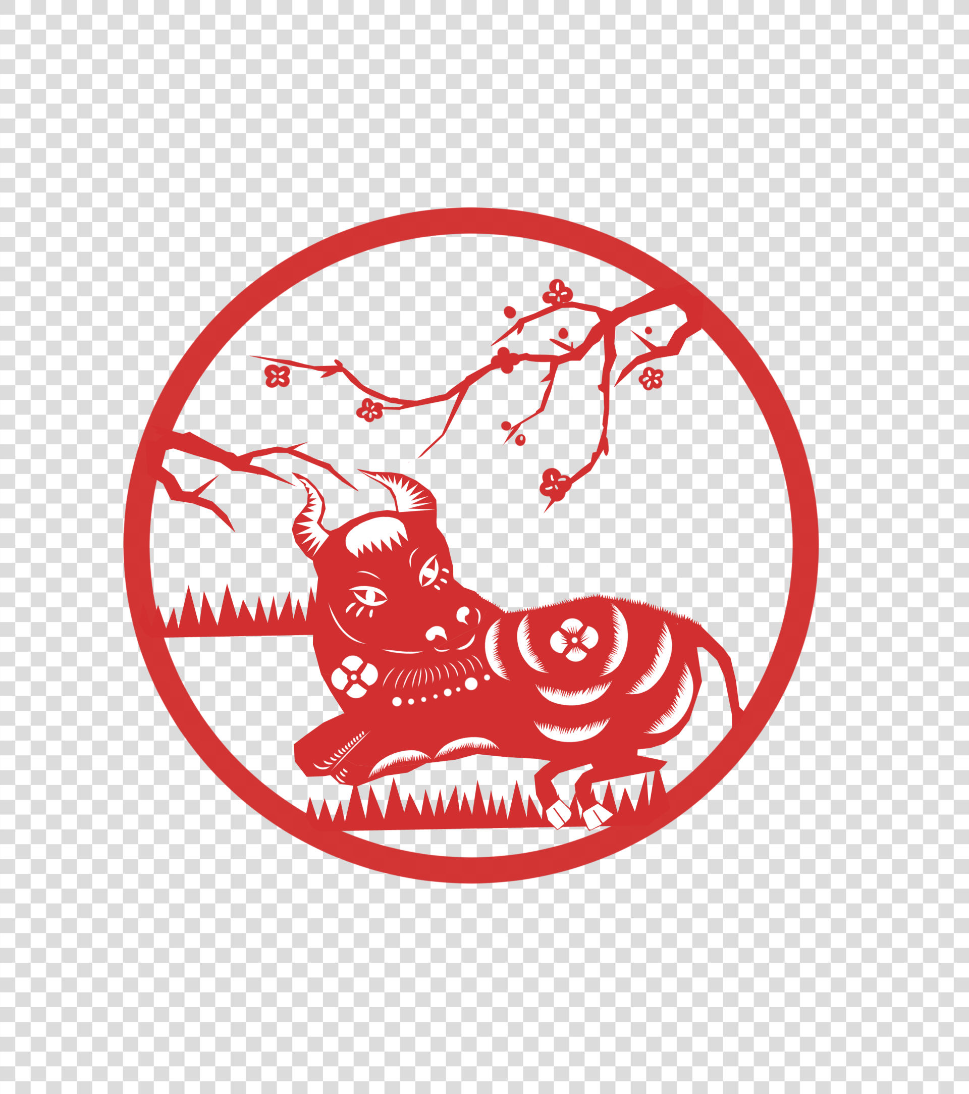 中国风剪纸喜庆红牛元素