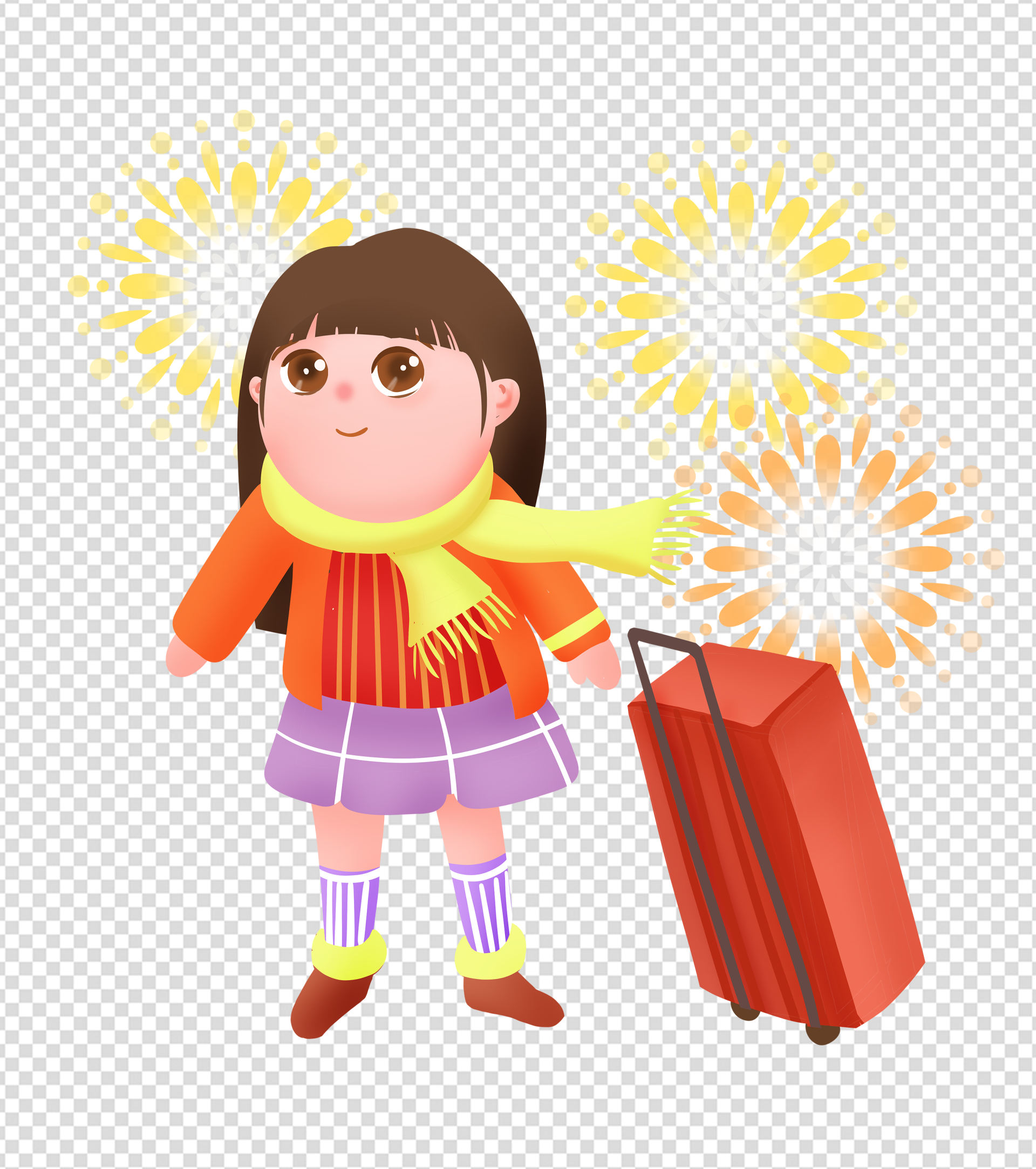 红色女孩拿行李箱元素