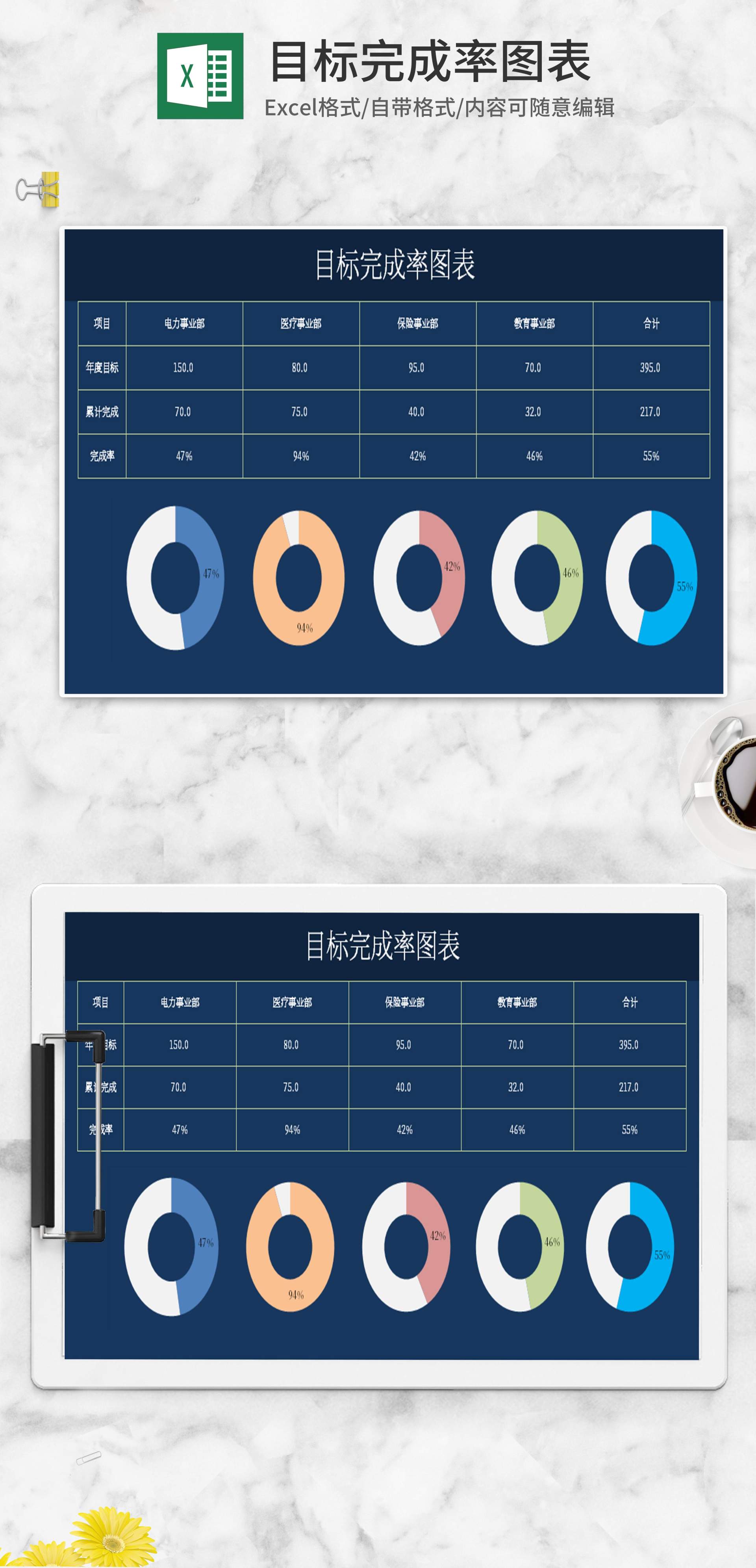 简约蓝色目标完成率图表excel模板