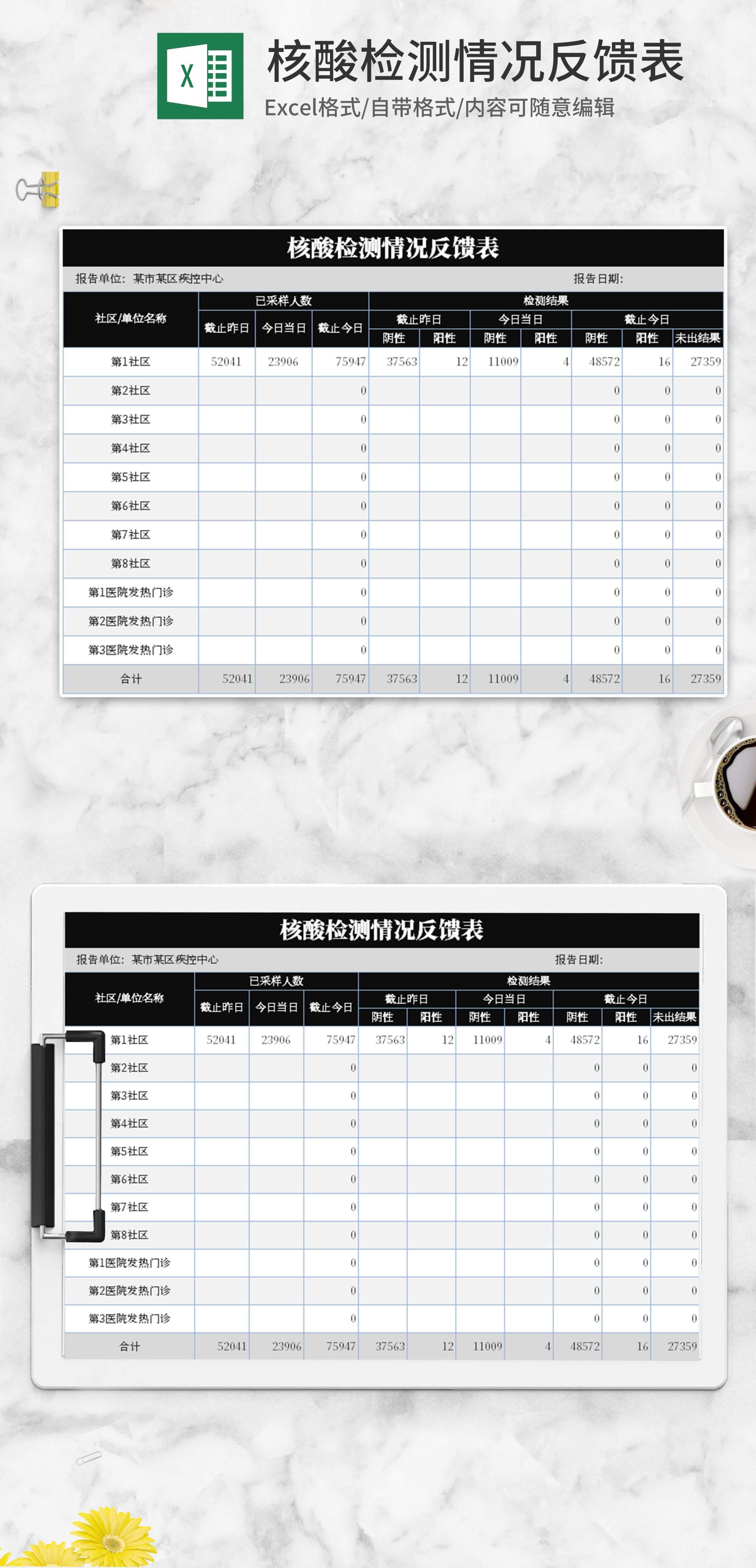 简约黑色核酸检测情况反馈表Excel模板