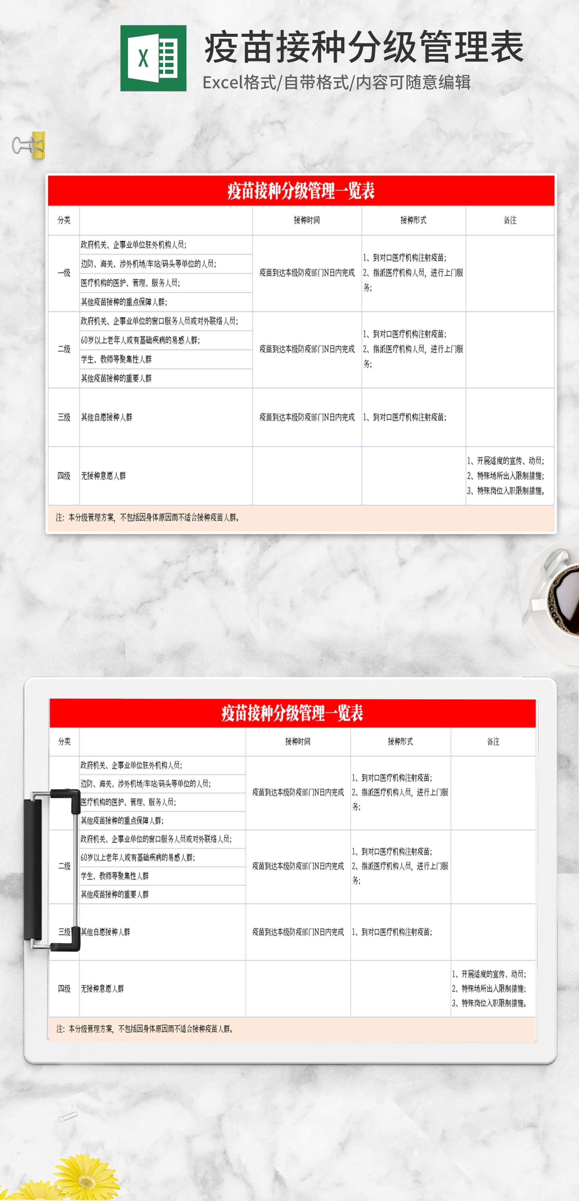 简约疫苗接种分级管理表Excel模板