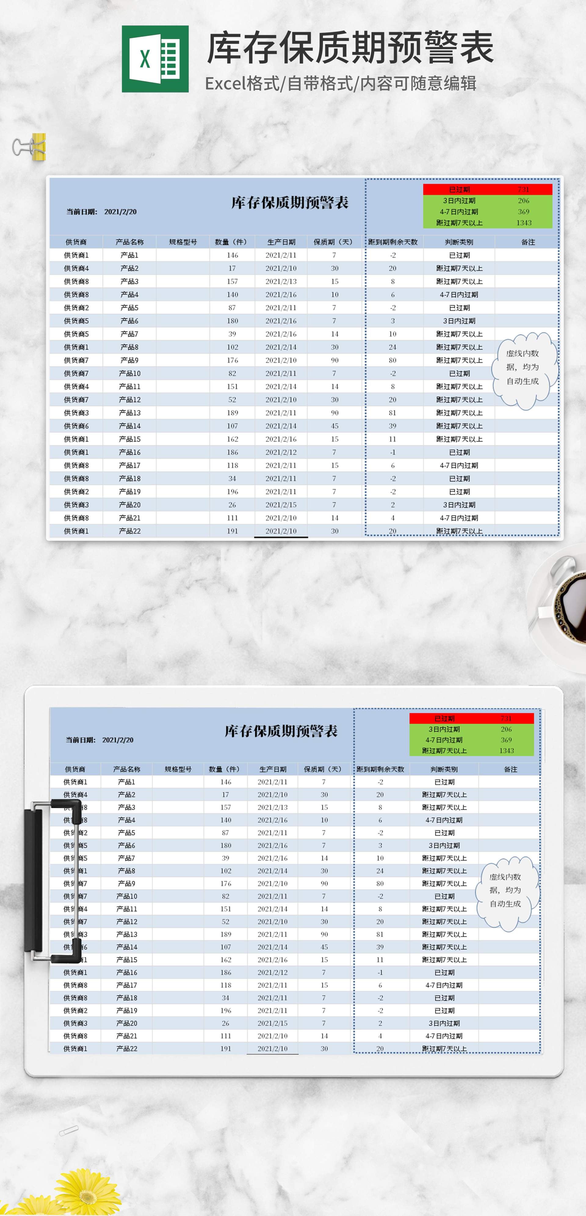 小清新蓝色库存保质期预警Excel模板