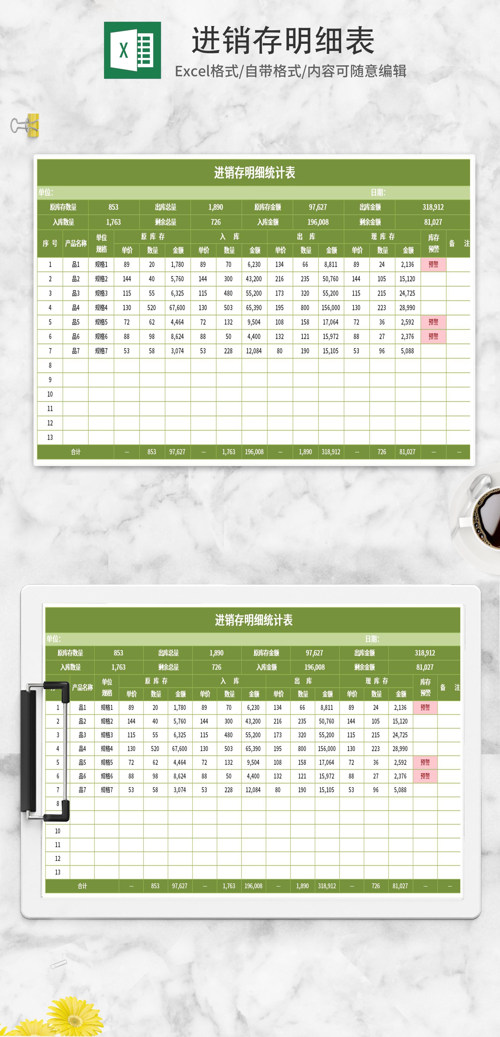 小清新绿色进销存明细表Excel模板