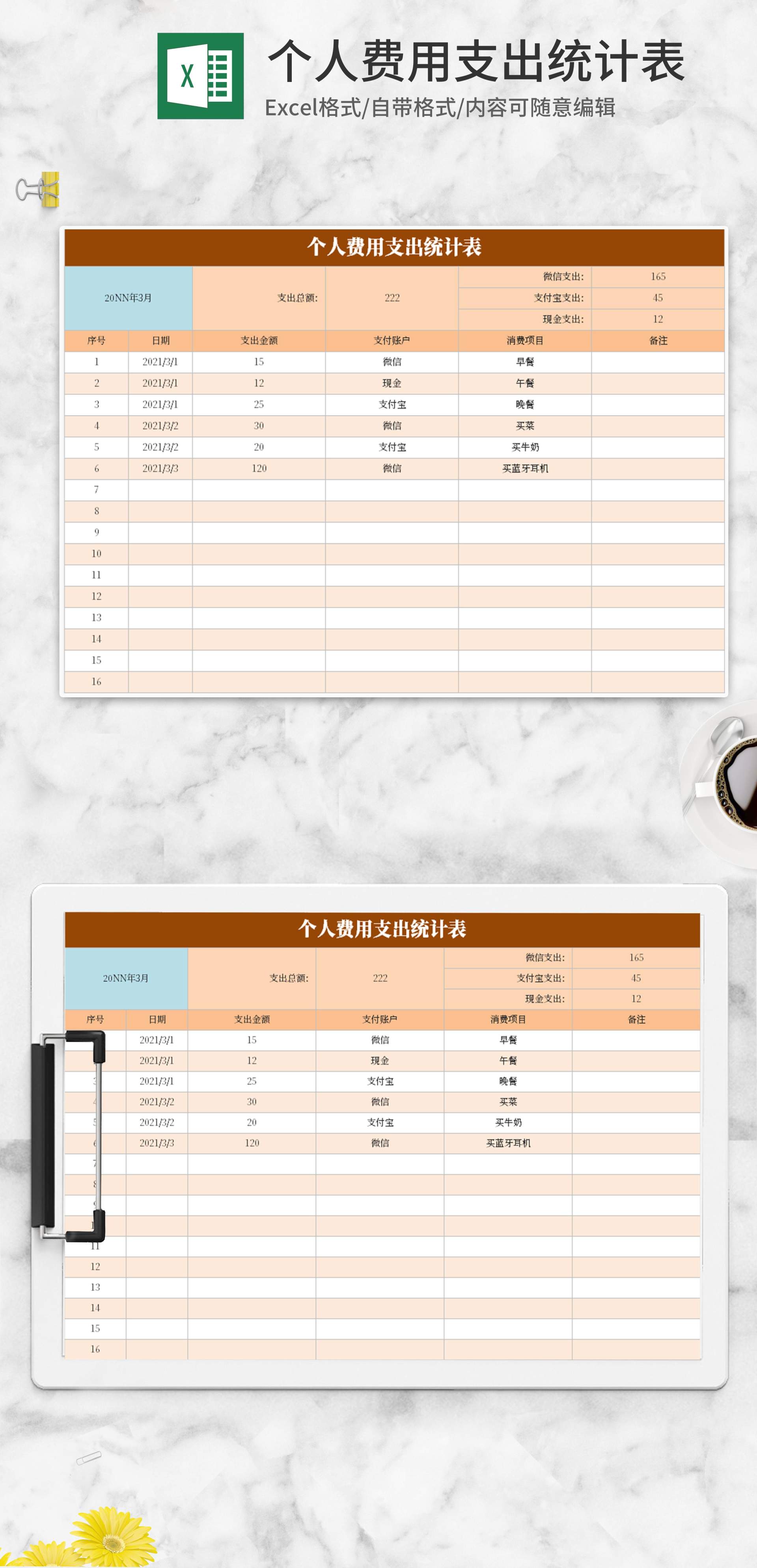 简约橙色个人费用支出统计表Excel模板
