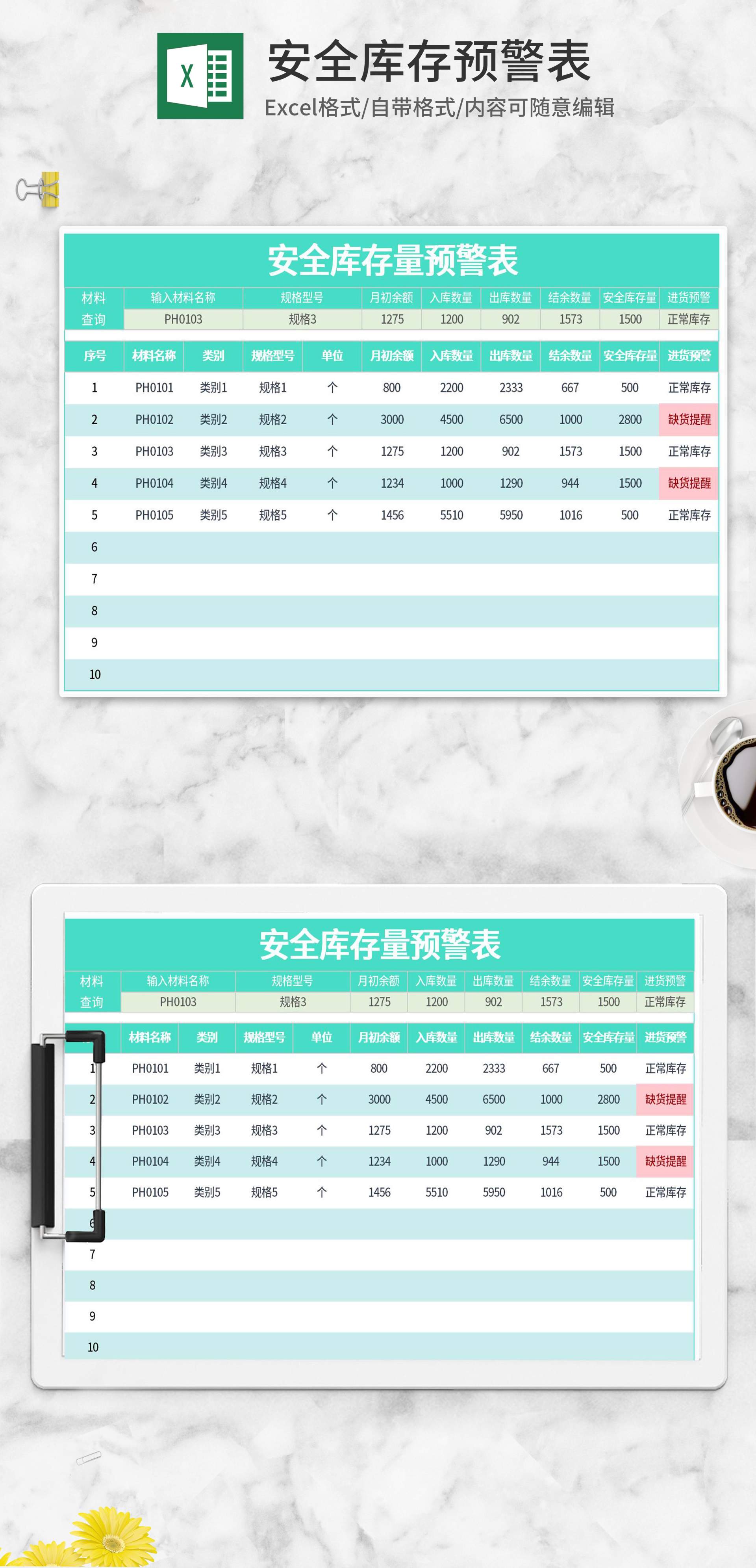 绿色安全库存预警表Excel模板