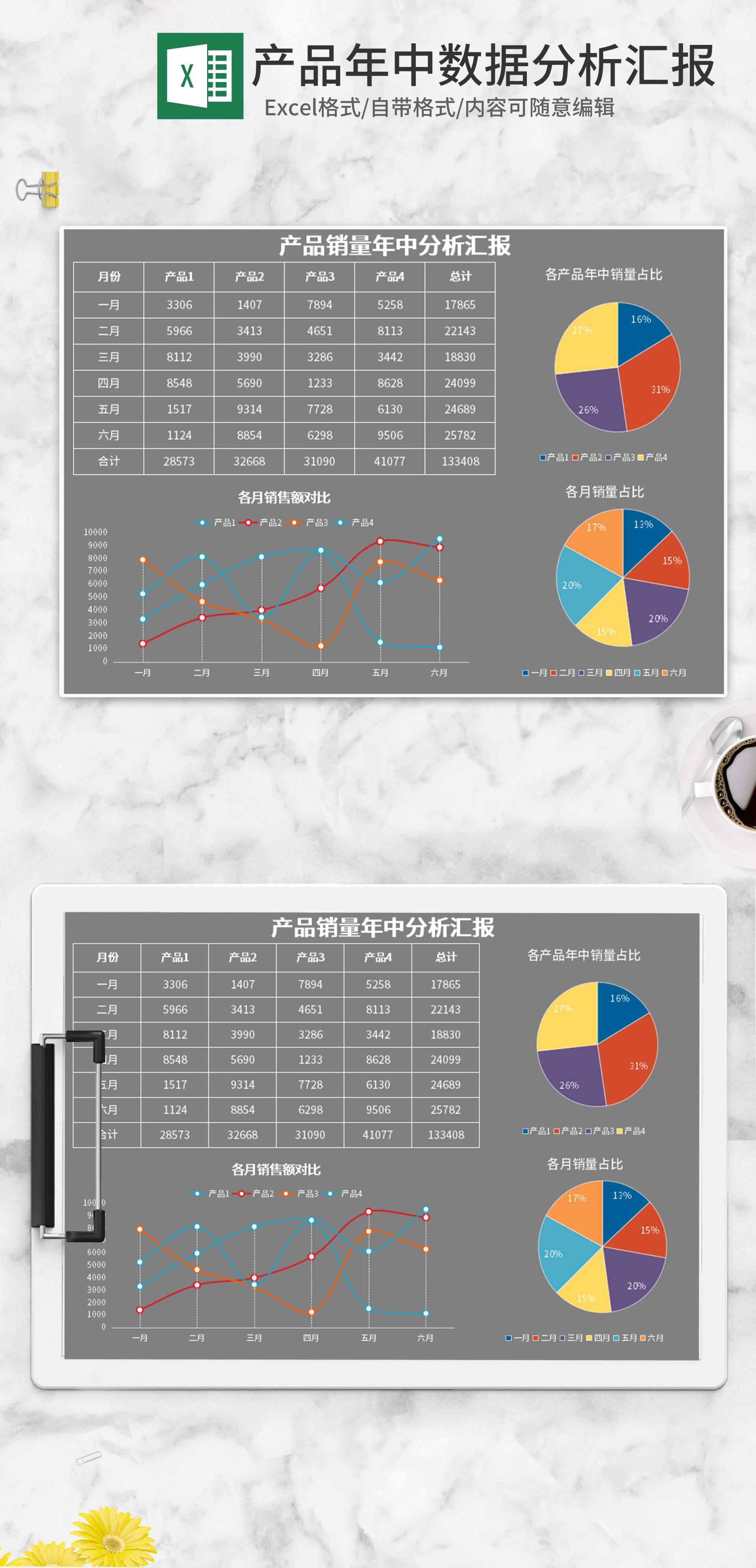 灰色产品年中数据分析汇报Excel模板