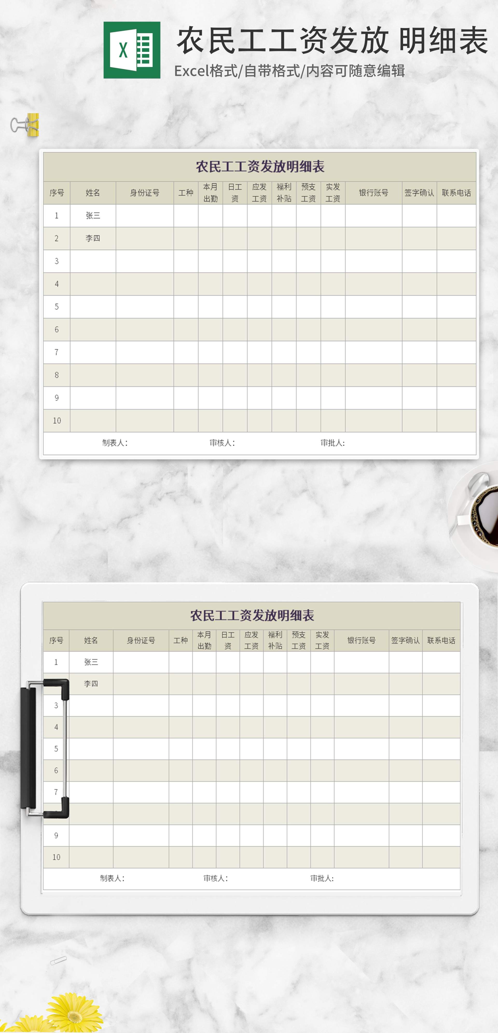 农民工工资发放明细表Excel模板