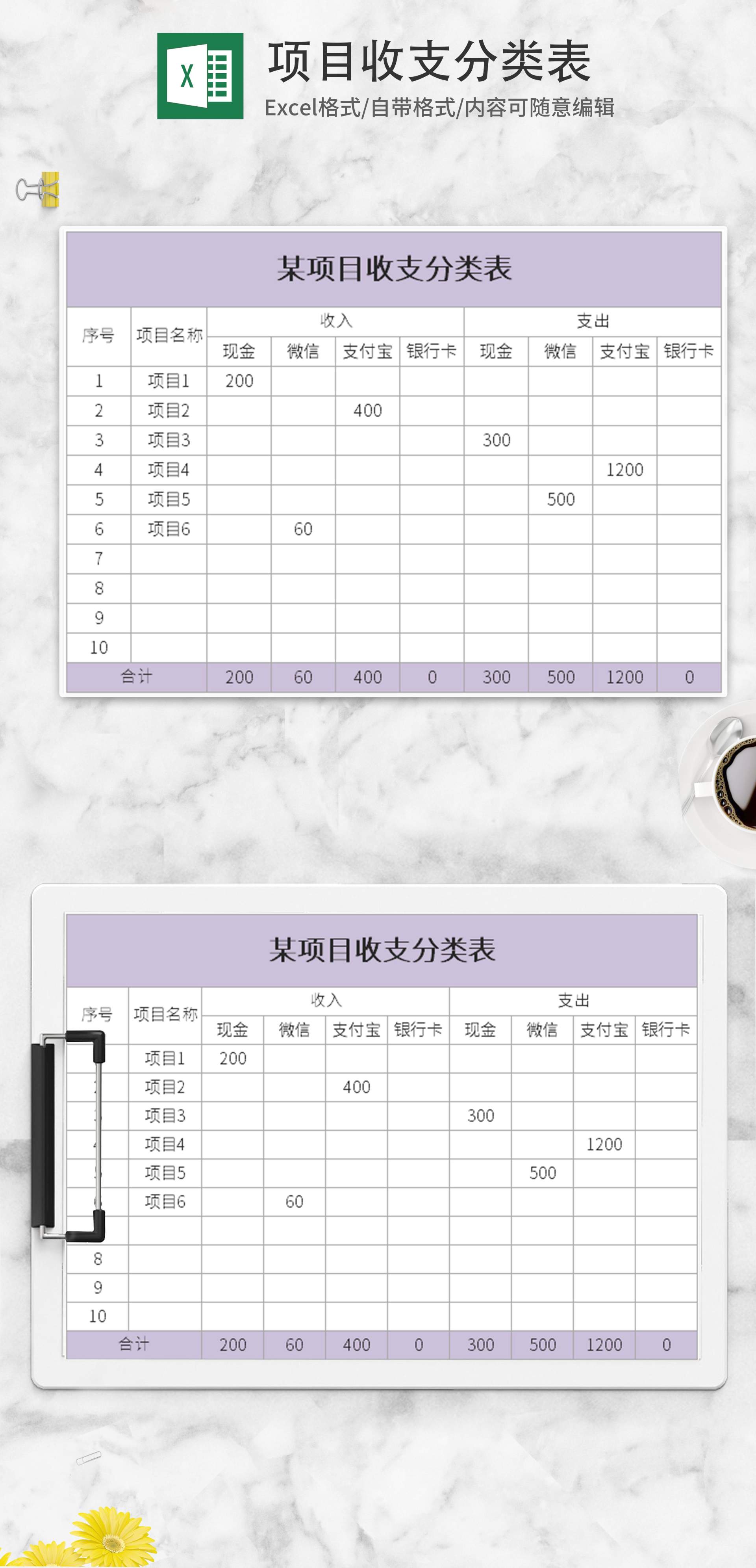 紫色项目收支分类表Excel模板