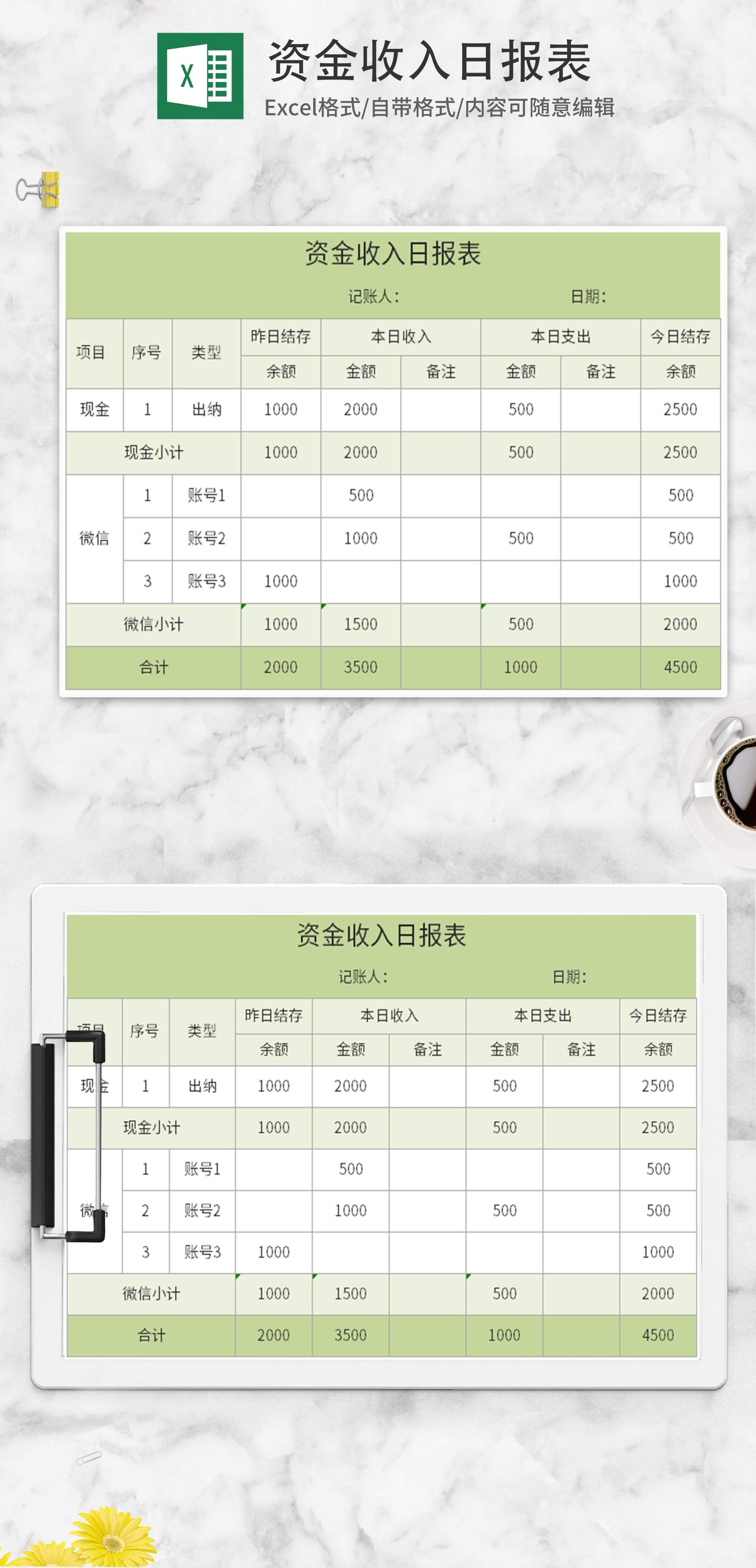 绿色资金收入日报表Excel模板
