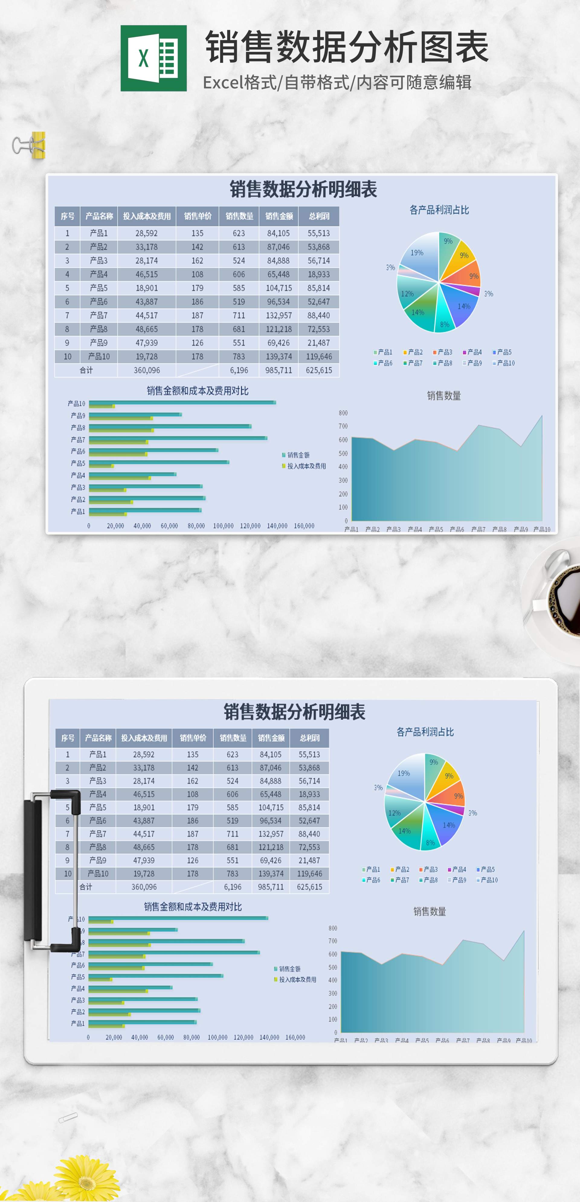 蓝色销售数据分析图表Excel模板