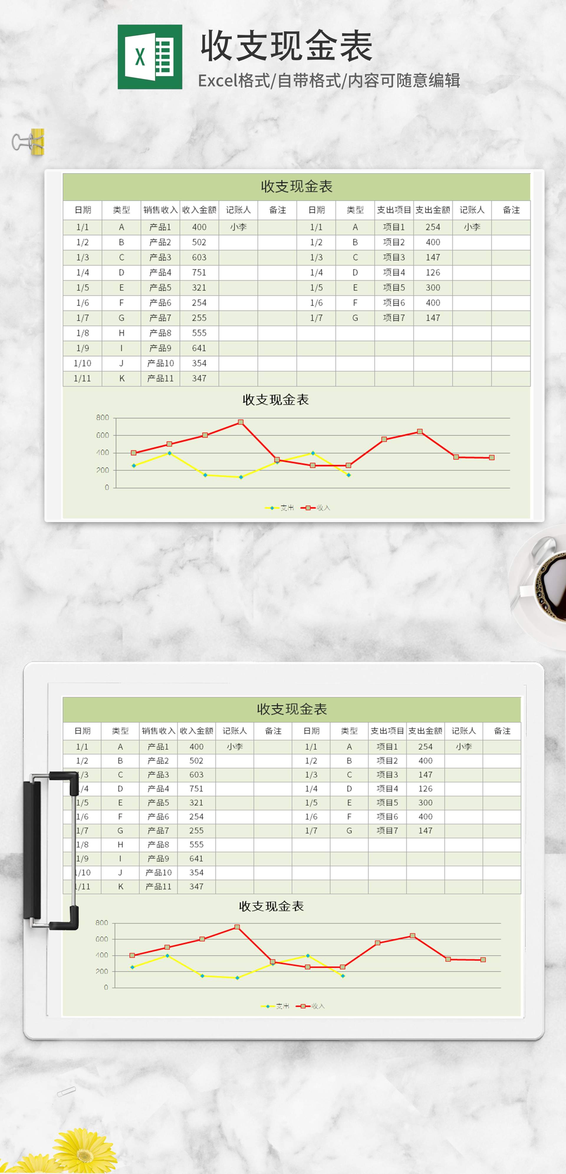 绿色收支现金表Excel模板