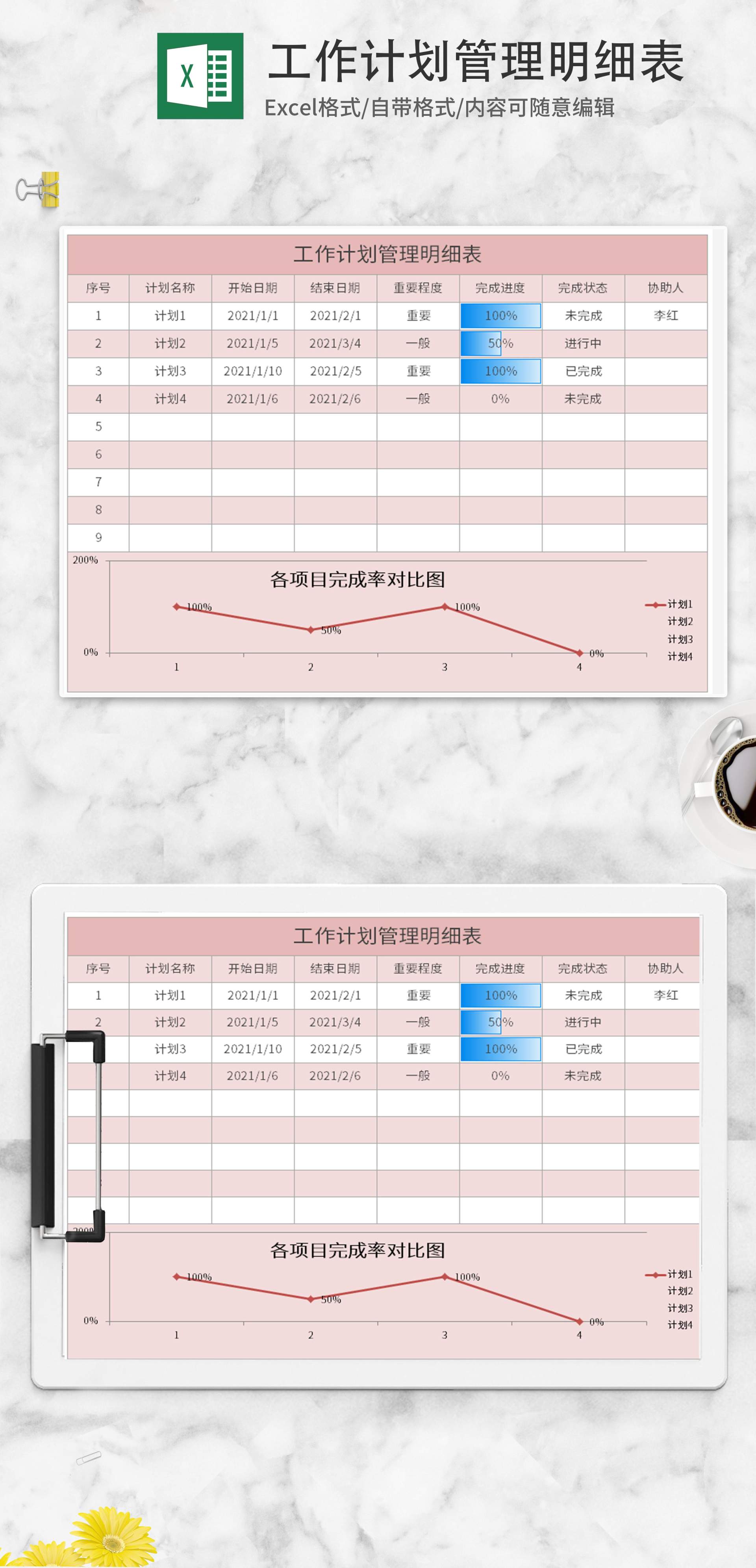 粉色工作计划管理明细表Excel模板