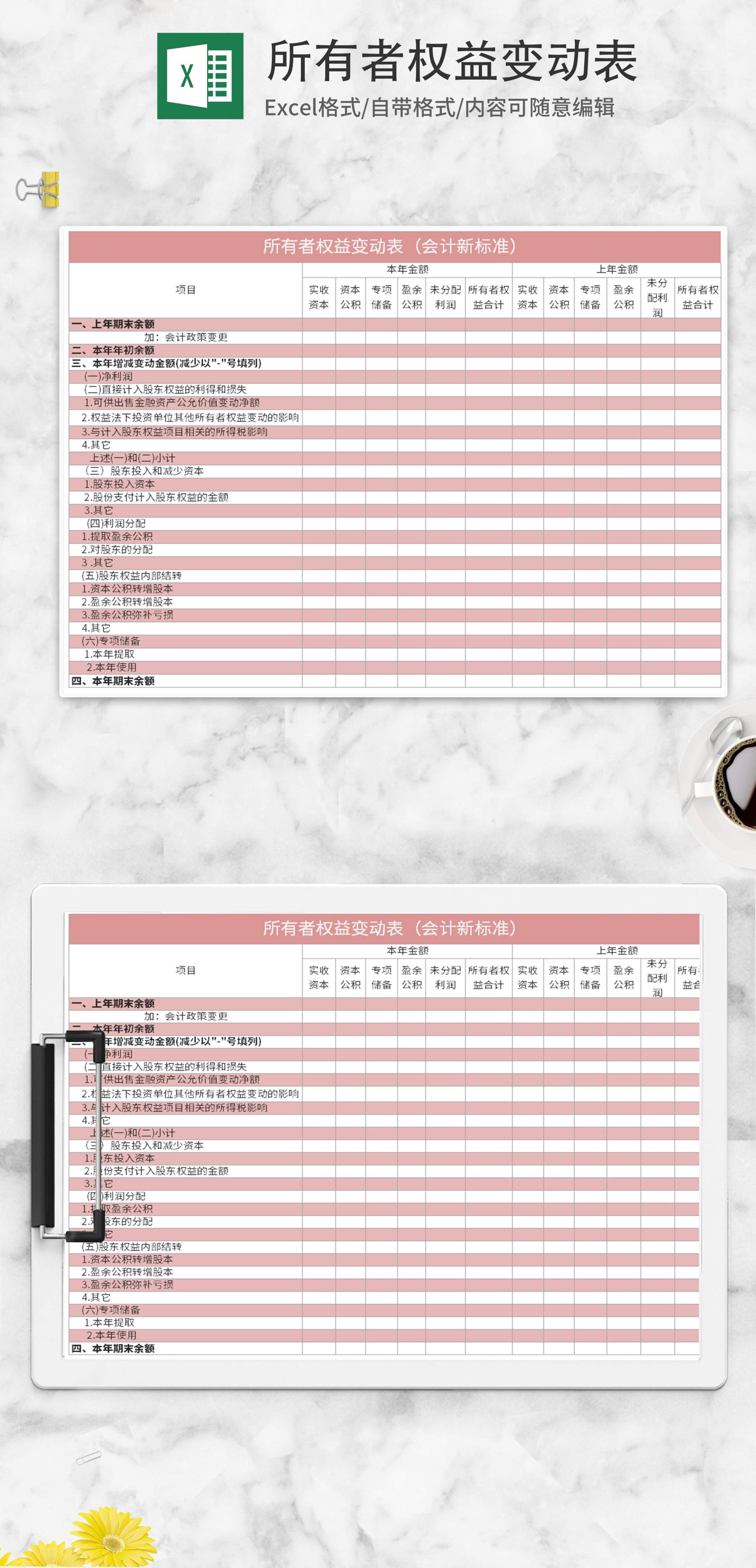 粉色所有者权益变动表Excel模板
