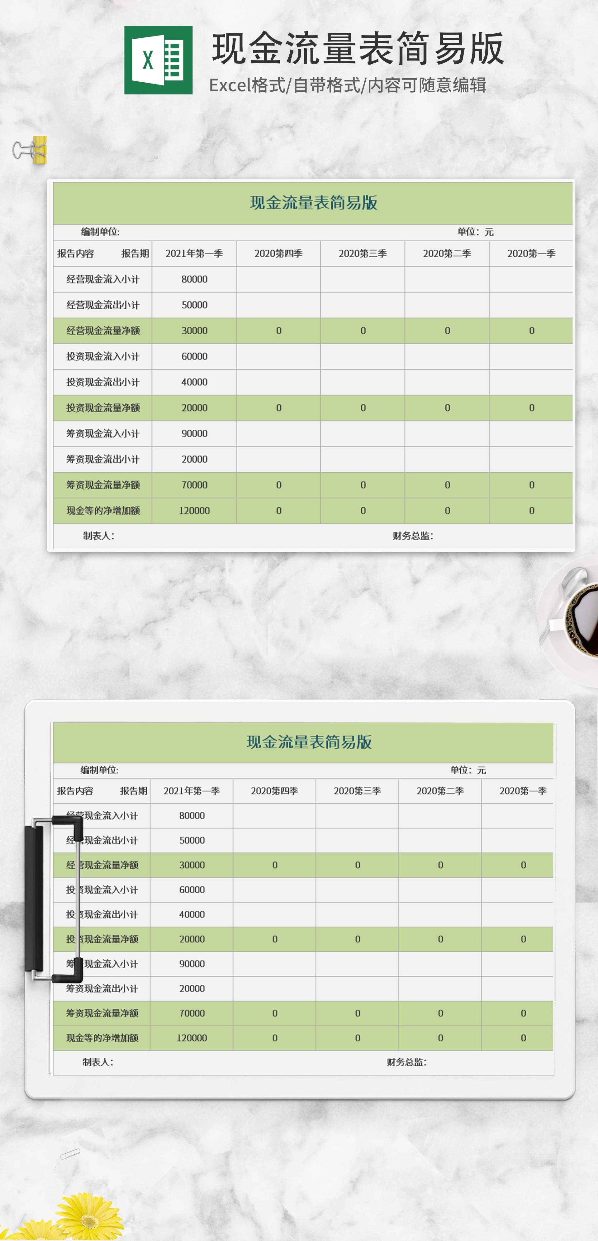 绿色现金流量表简易版Excel模板