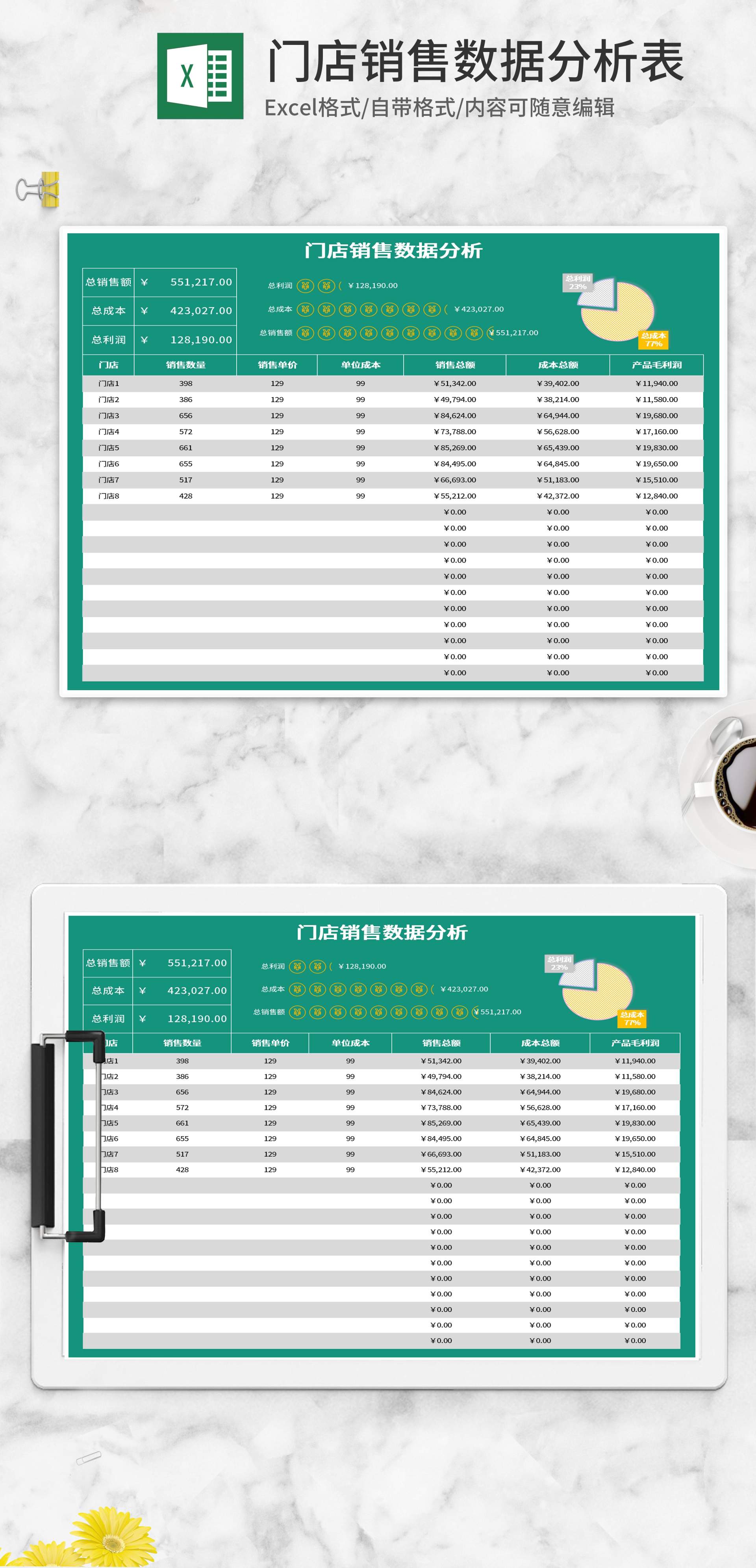 绿色门店销售数据分析表Excel模板