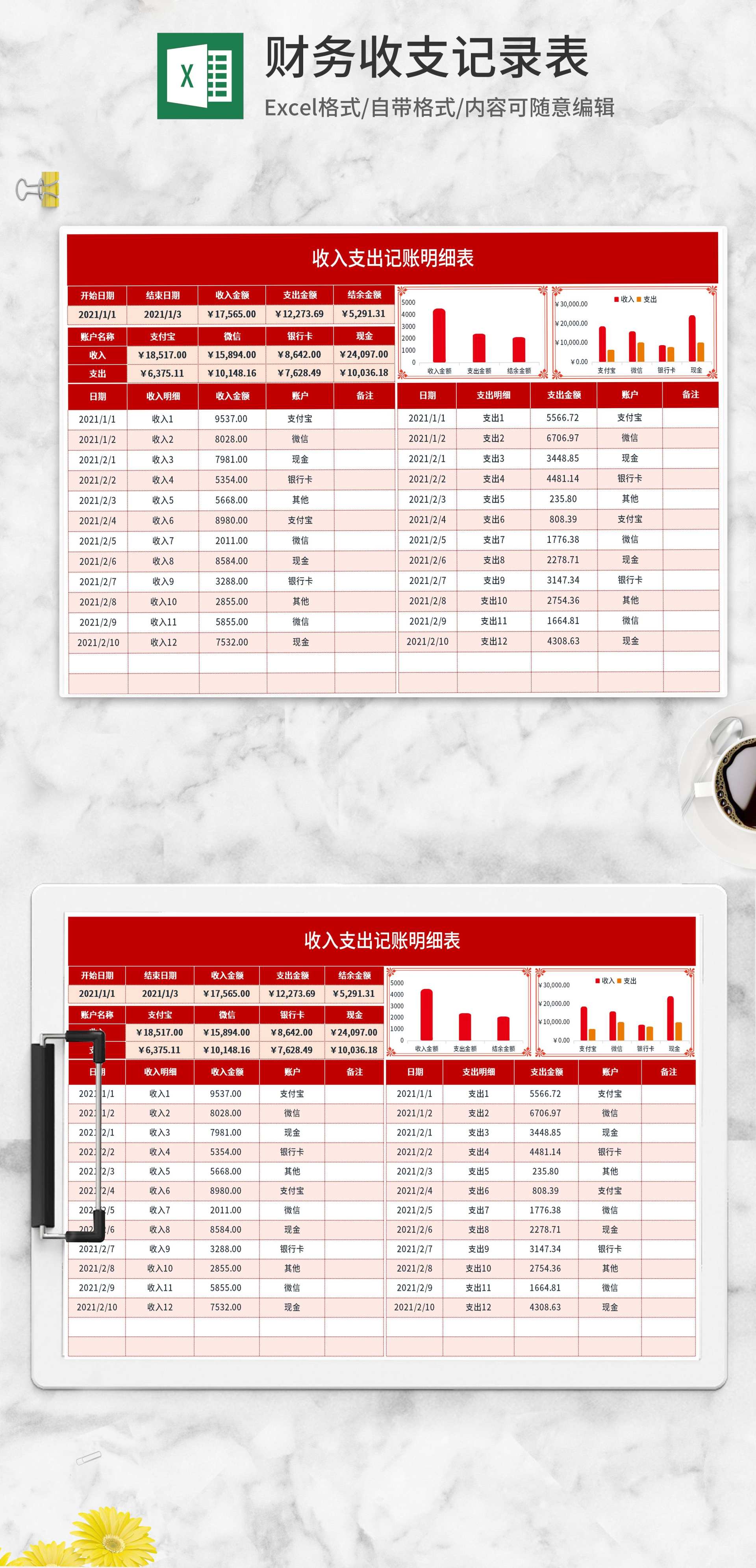红色财务收支记录表Excel模板