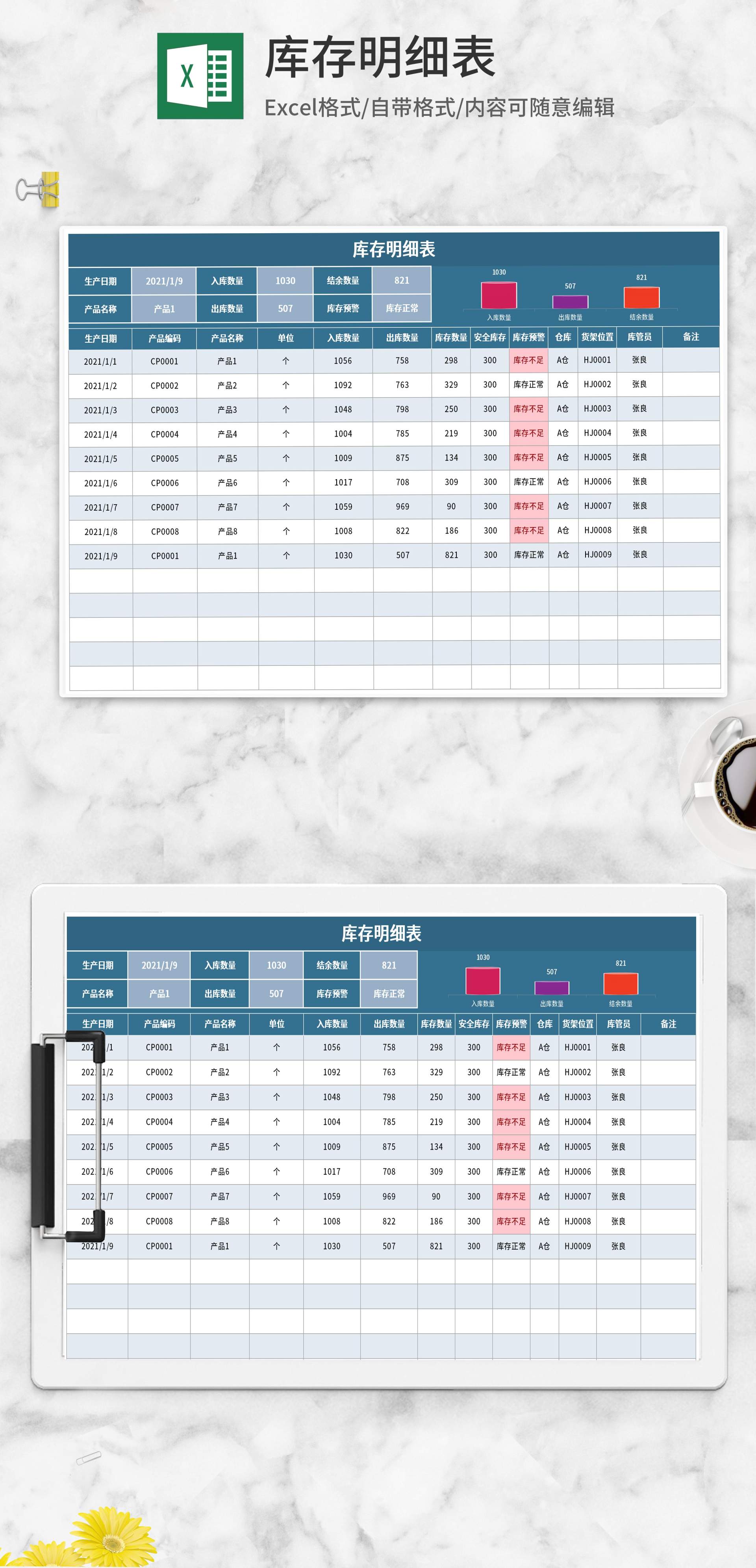 蓝色库存管理明细表Excel模板