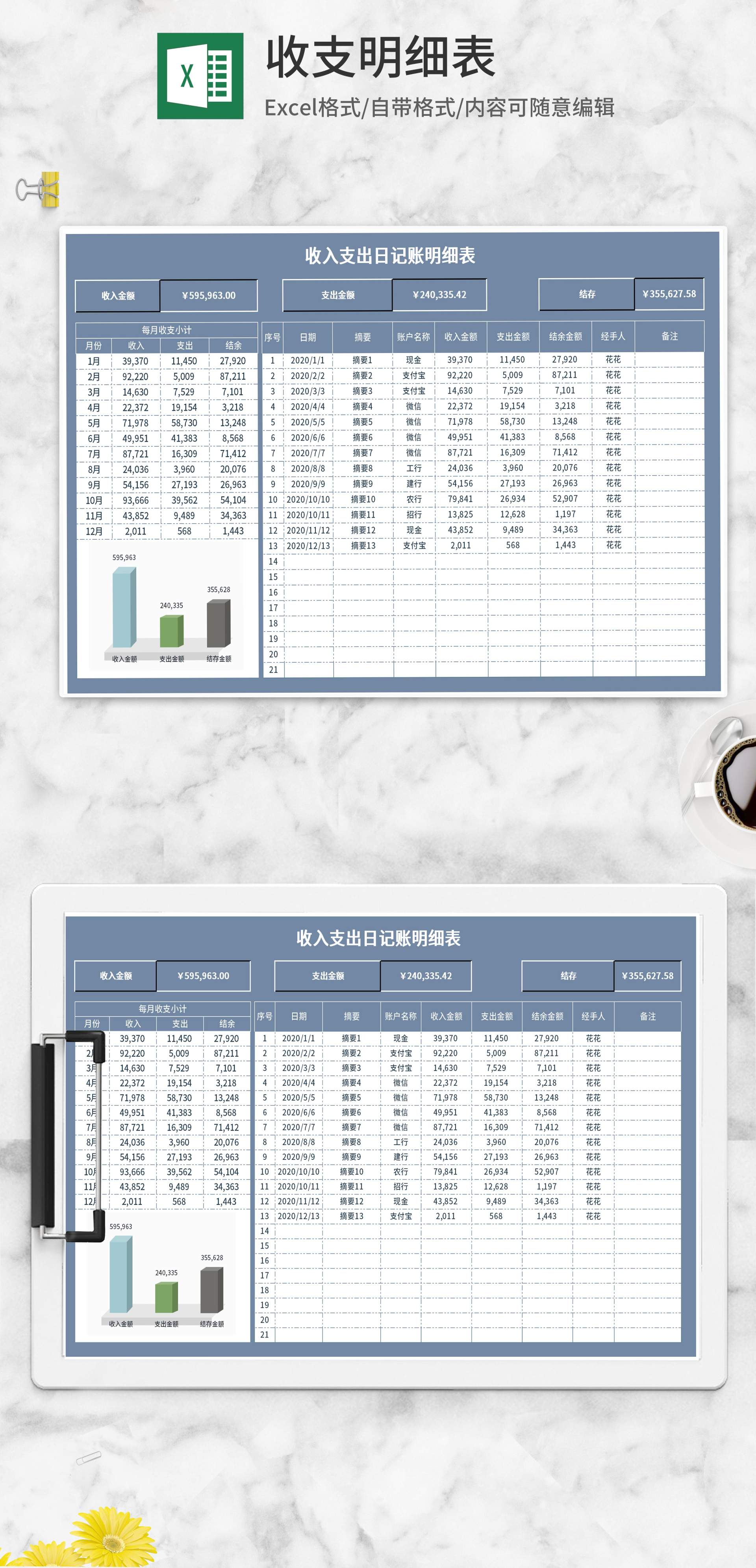 月度收入支出日记账明细表Excel模板