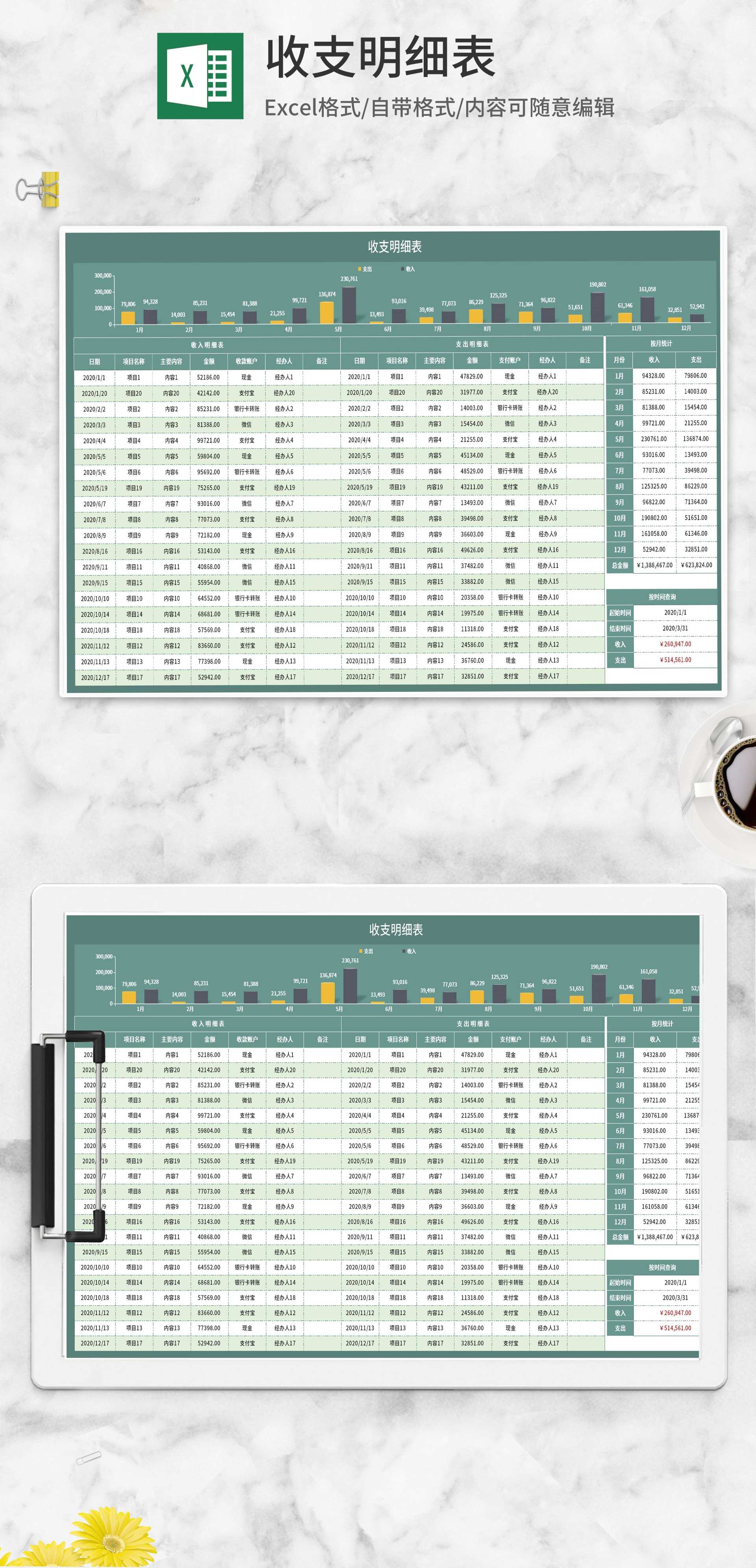 绿色项目收支明细表Excel模板