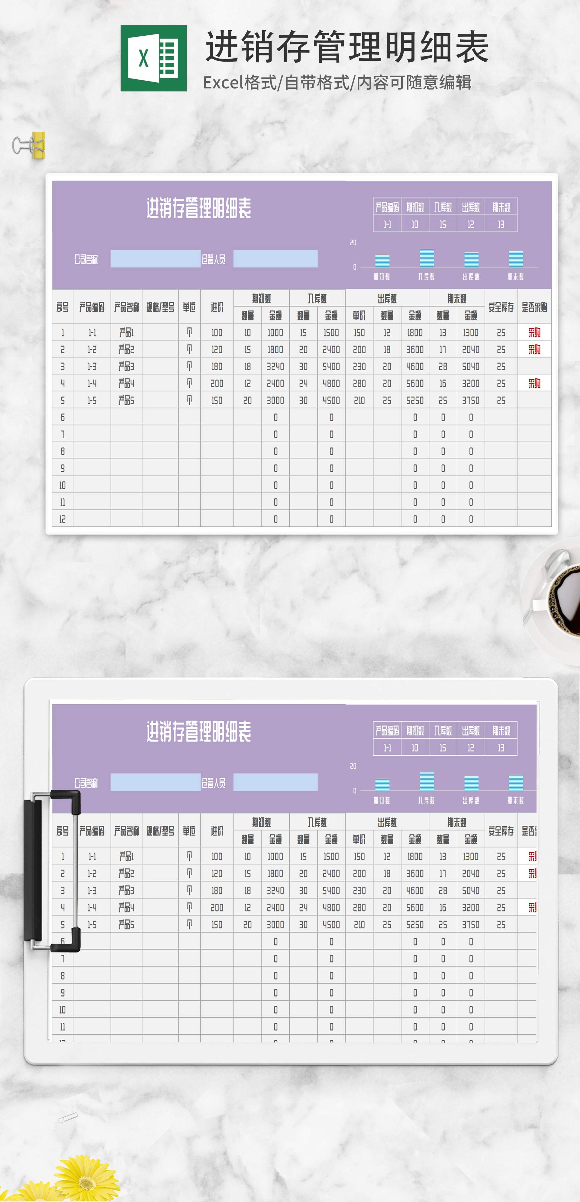 紫色产品库存管理明细表Excel模板