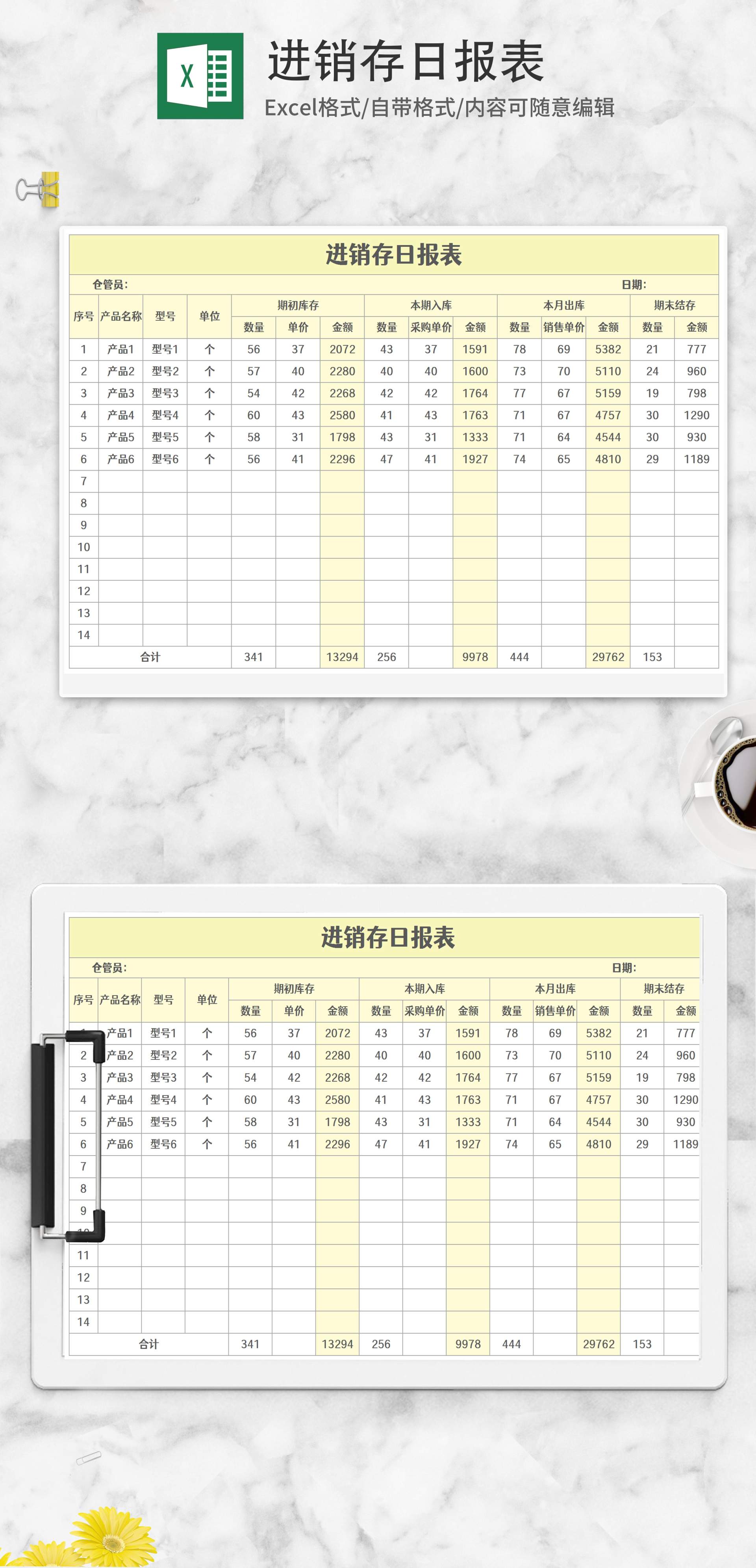 黄色产品进销存日报表Excel模板