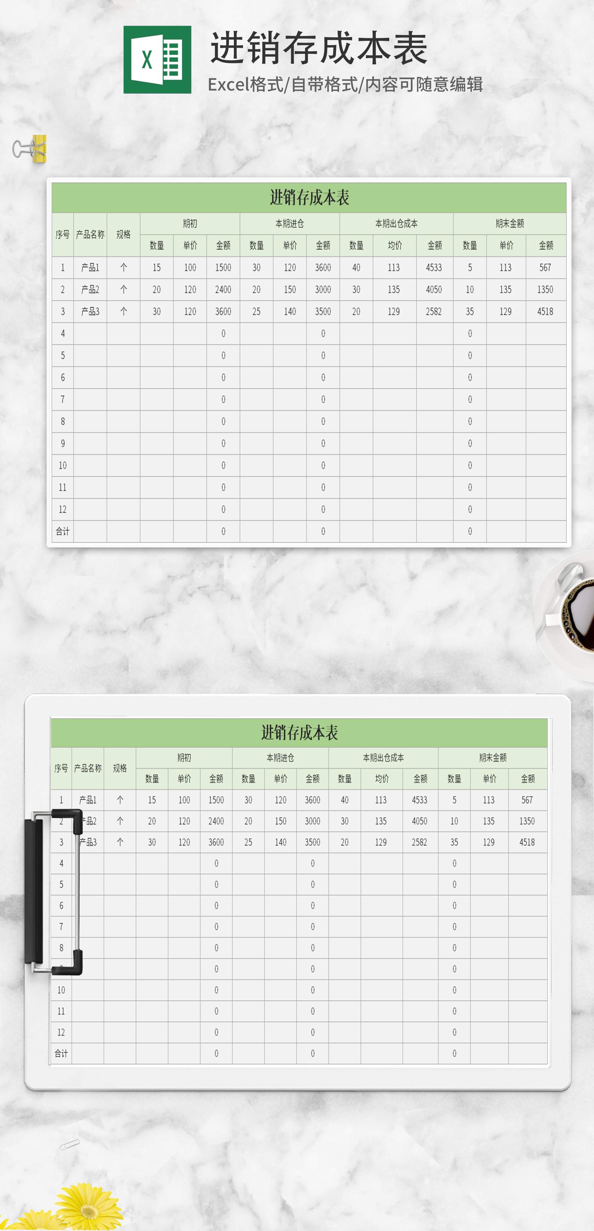 绿色进销存产品成本明细表Excel模板