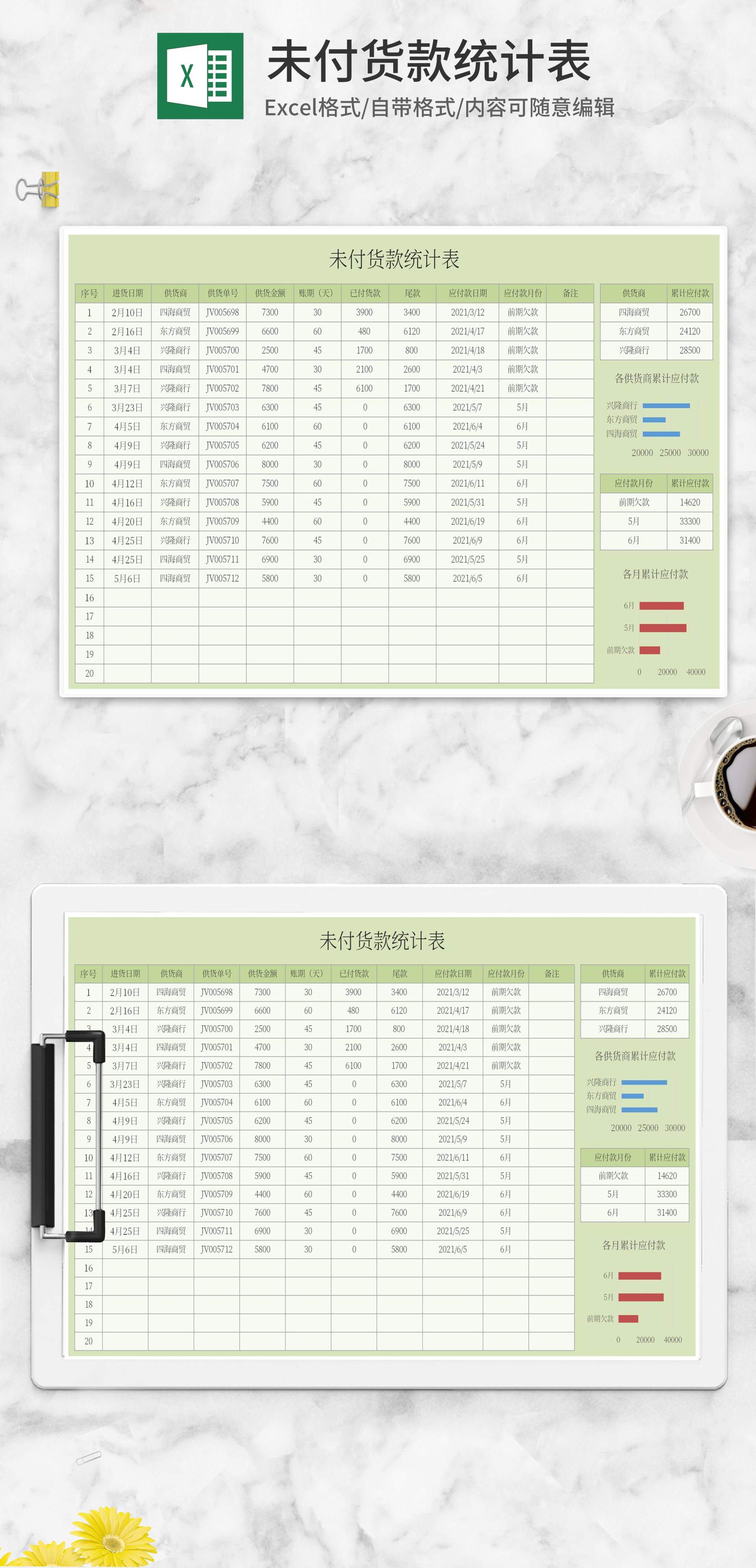 绿色未付货款统计表Excel模板